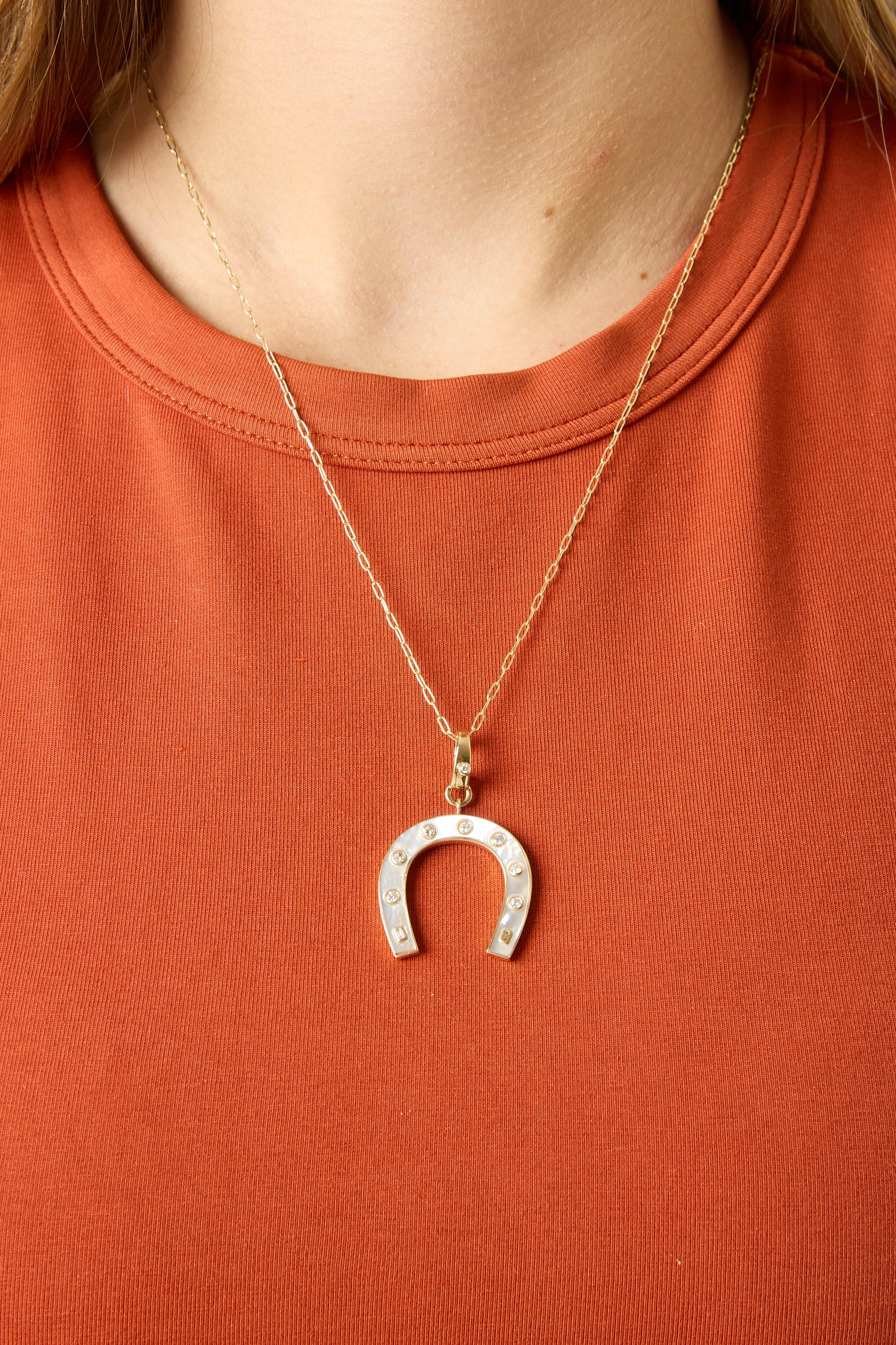 14KY Mother of Pearl Horseshoe with Bezel Diamonds