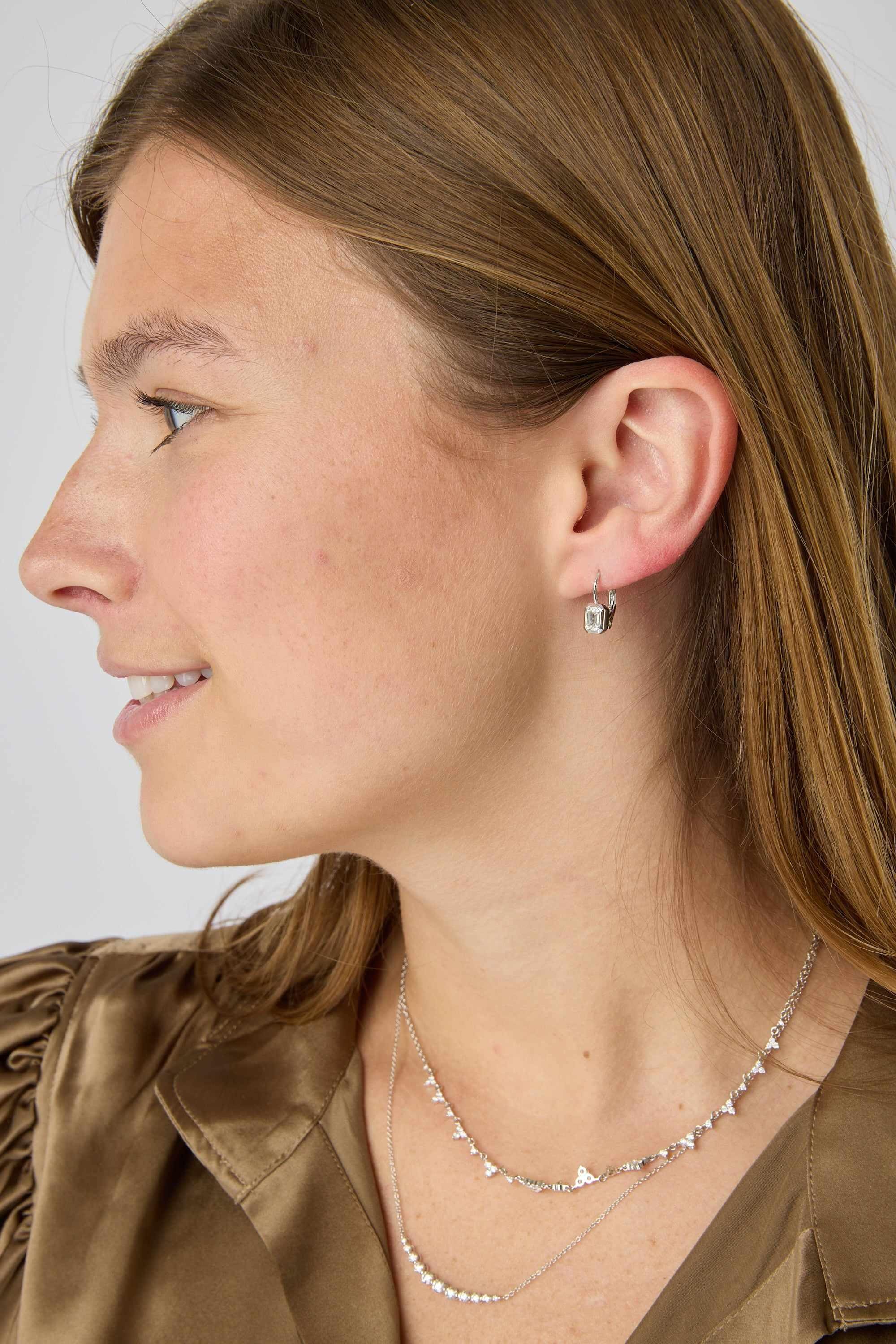 18KW Emerald Cut Bezel Drop Earrings