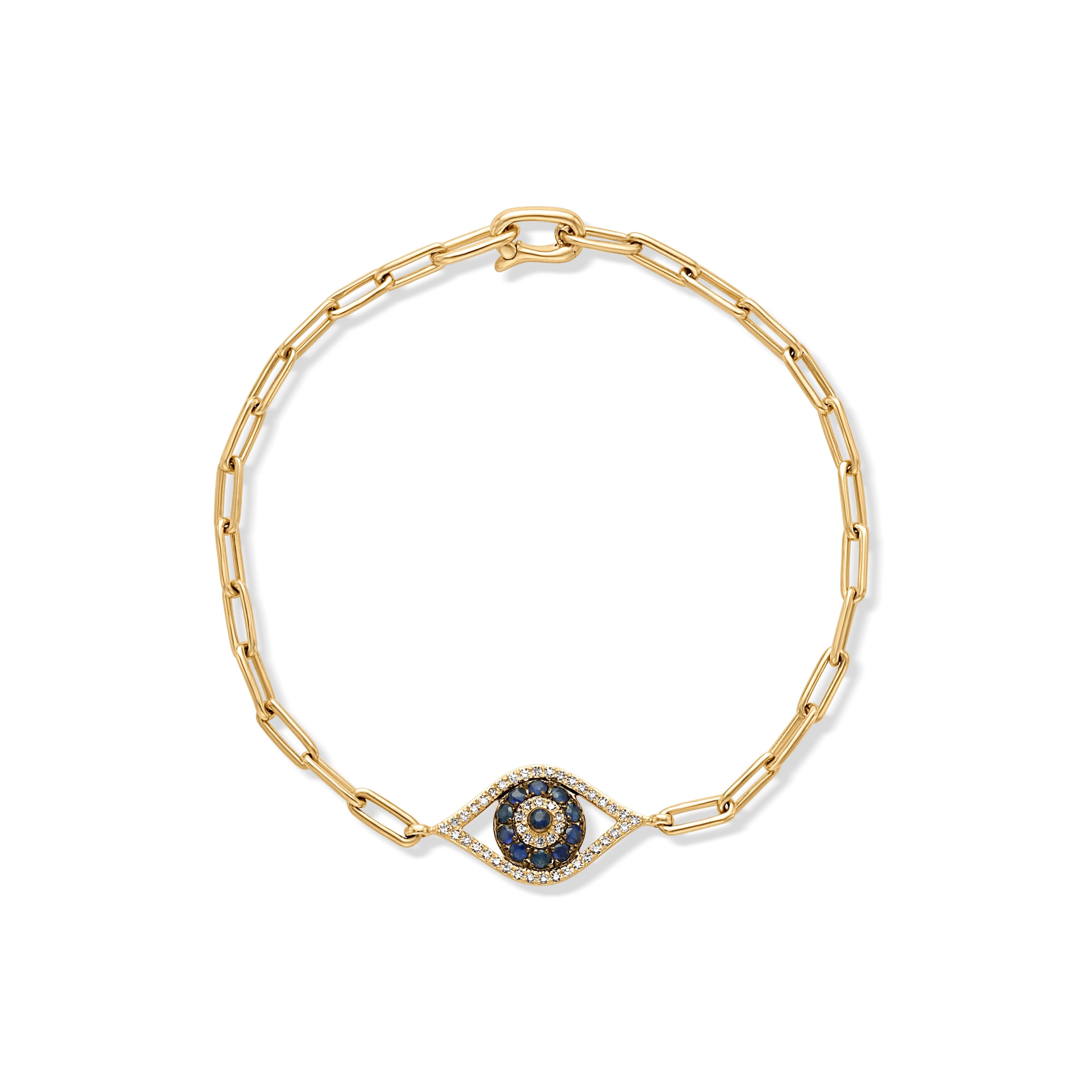 14KY Blue Sapphire Evil Eye Paperclip Bracelet
