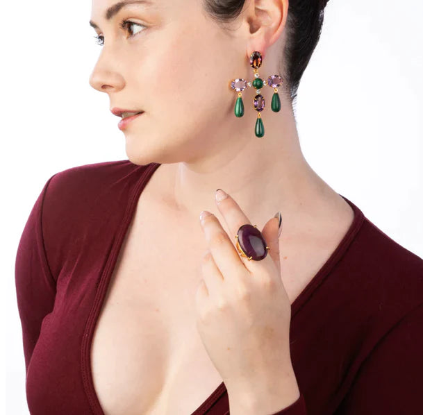 Earrings with Amethyst Ovals and Malachite Drops