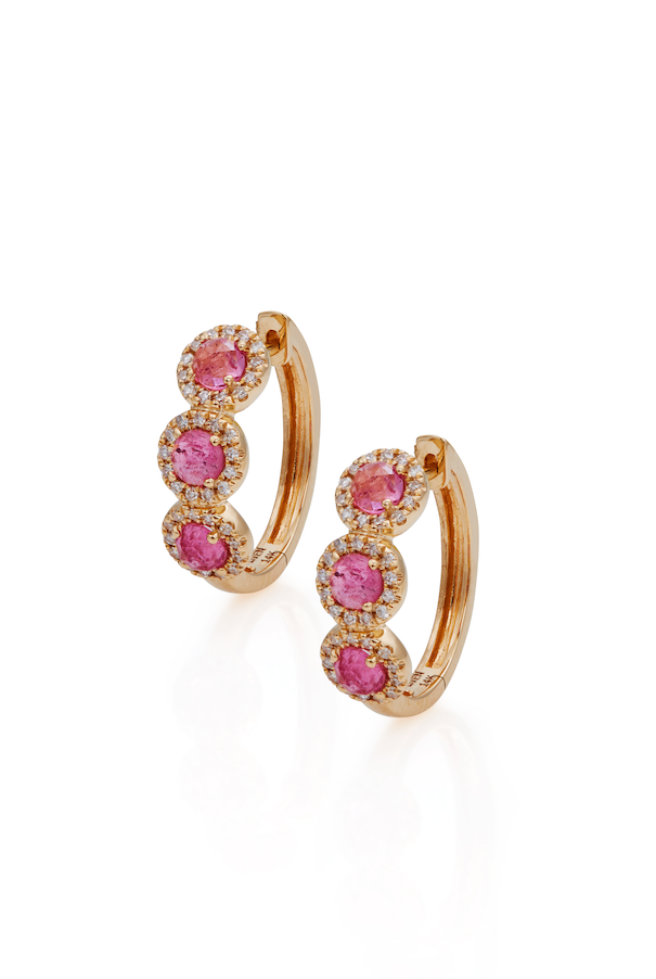 14K Rose Cut Pink Tourmaline and Diamond Halo Huggies