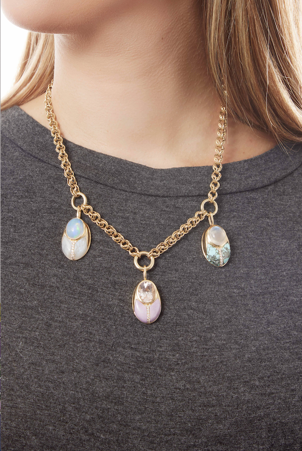 14KY Big Love Bug Pendant in Rainbow Moonstone and Turquoise