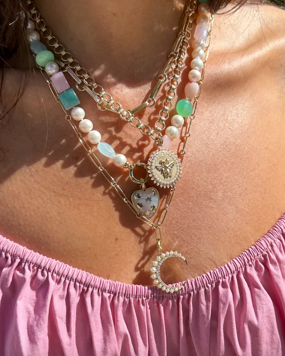 14KY Pearl and Diamond Minnie Bee Medallion-Charms-Storrow-Susan Saffron Jewelry