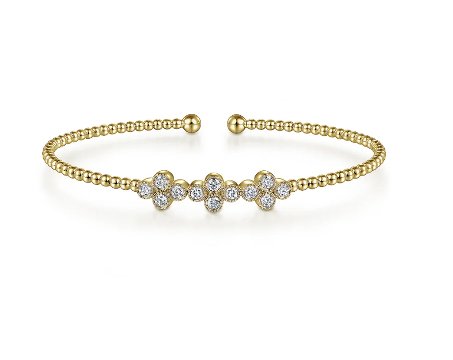 14KY Bujukan Bead Cuff Bracelet with Three Quatrefoil Diamond Stations