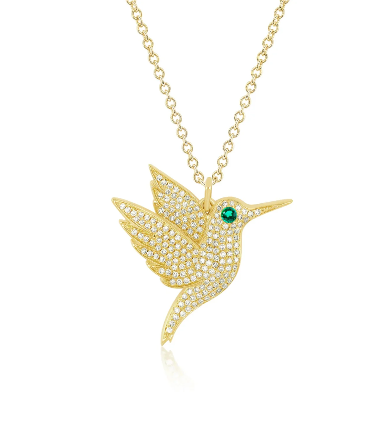 14KY Pave Diamond Hummingbird Necklace with Emerald Eye
