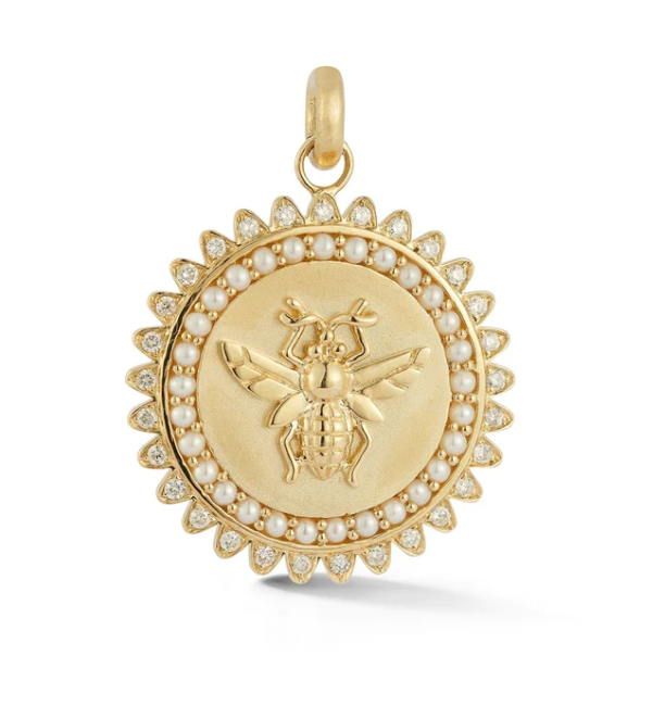 14KY Pearl and Diamond Minnie Bee Medallion-Charms-Storrow-Susan Saffron Jewelry