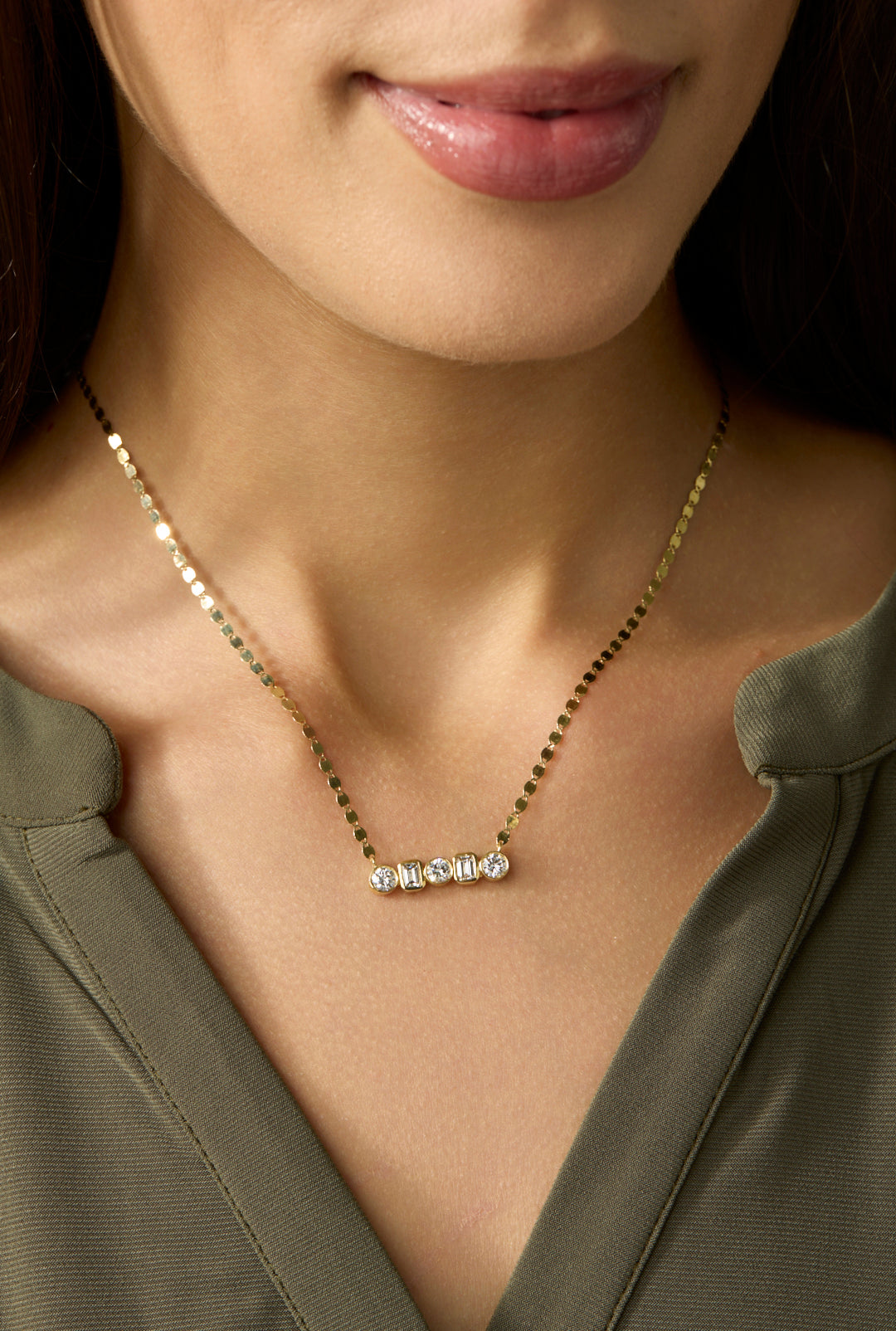 18KY 5 Stone Bezel Pendant on Mirror Chain