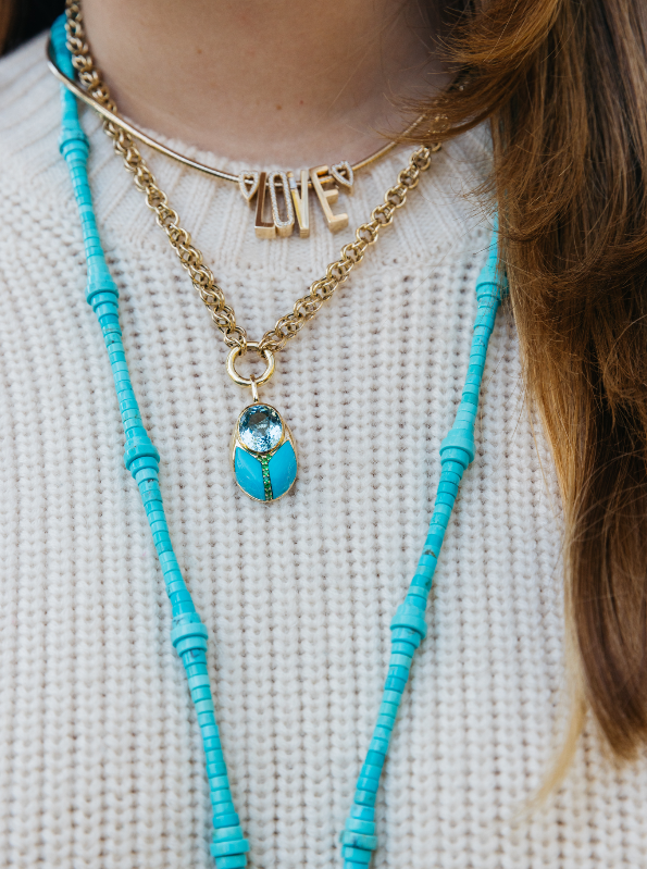 14KY Big Love Bug Pendant in Blue Topaz, Turquoise, and Tsavorite