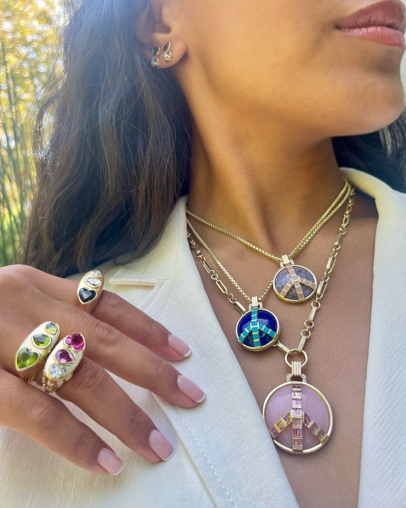 14KY Midsize Peace Pendant in Turquoise and Blue Sapphire