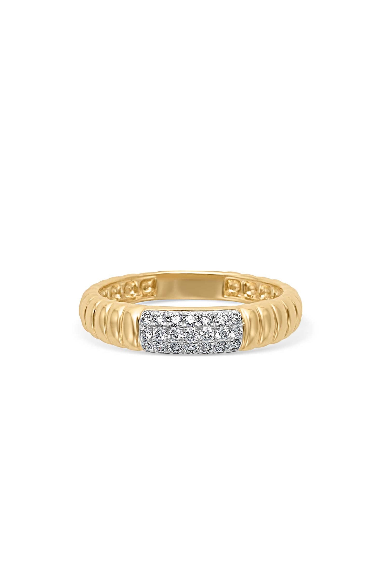 14KY Ribbed Gold Ring with Pave Center