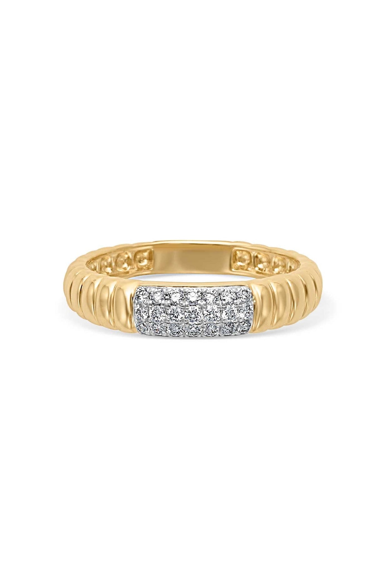 14KY Ribbed Gold Ring with Pave Center