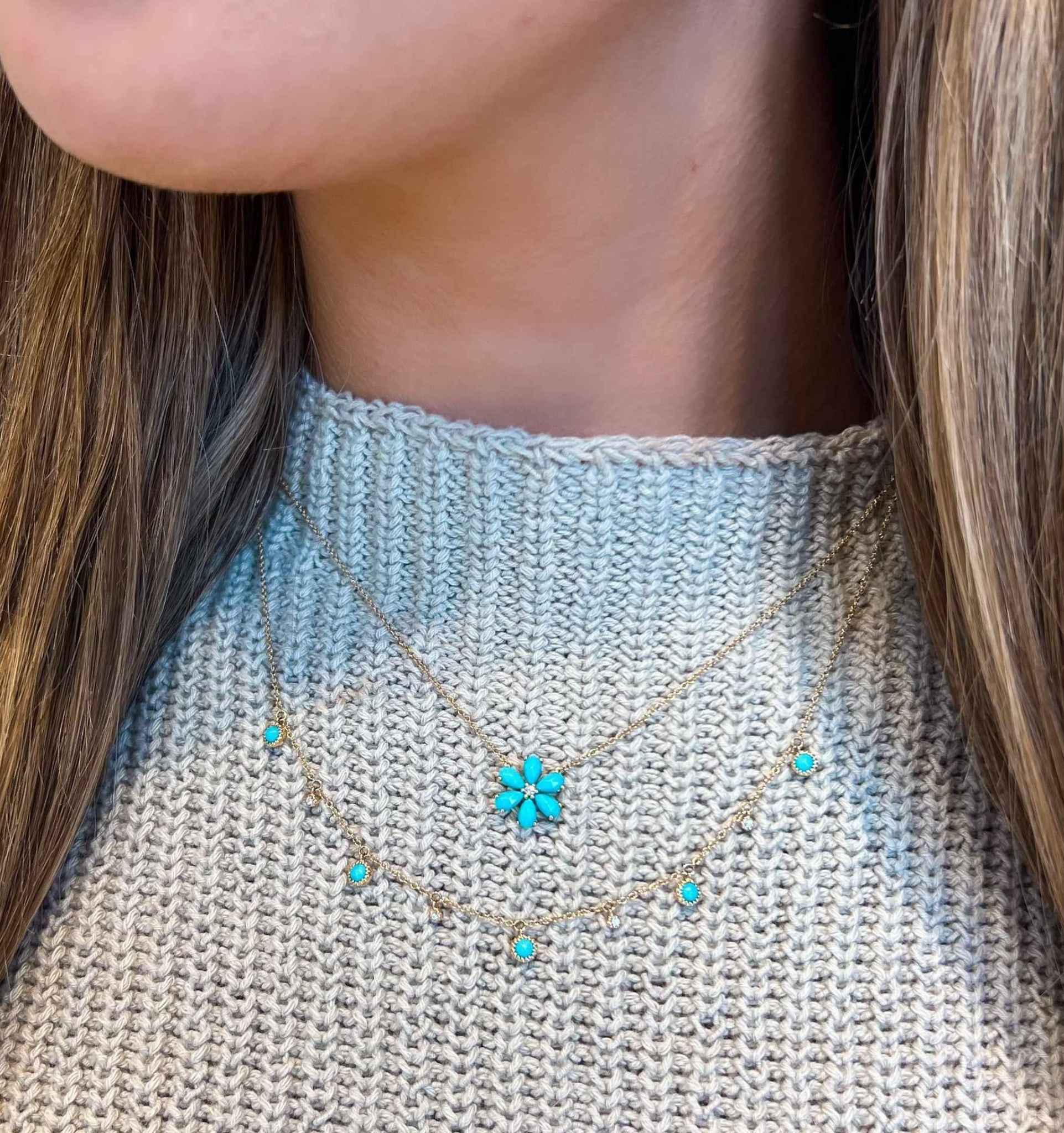 14KY Dangling Turquoise and Diamond Necklace