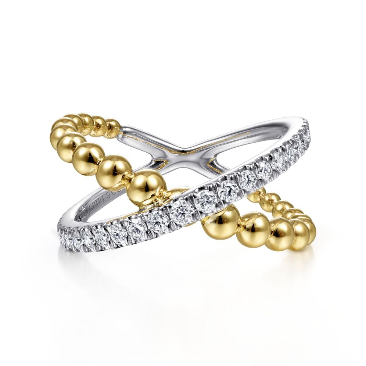 14K White-Yellow Gold Bujukan Diamond and Metal Bead Criss Cross Ring