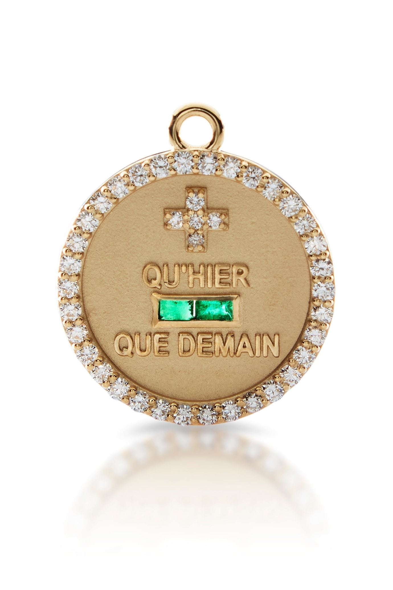 18KY Emerald and Diamond Qu'Hier Que Demain Love Token with Diamond Bezel