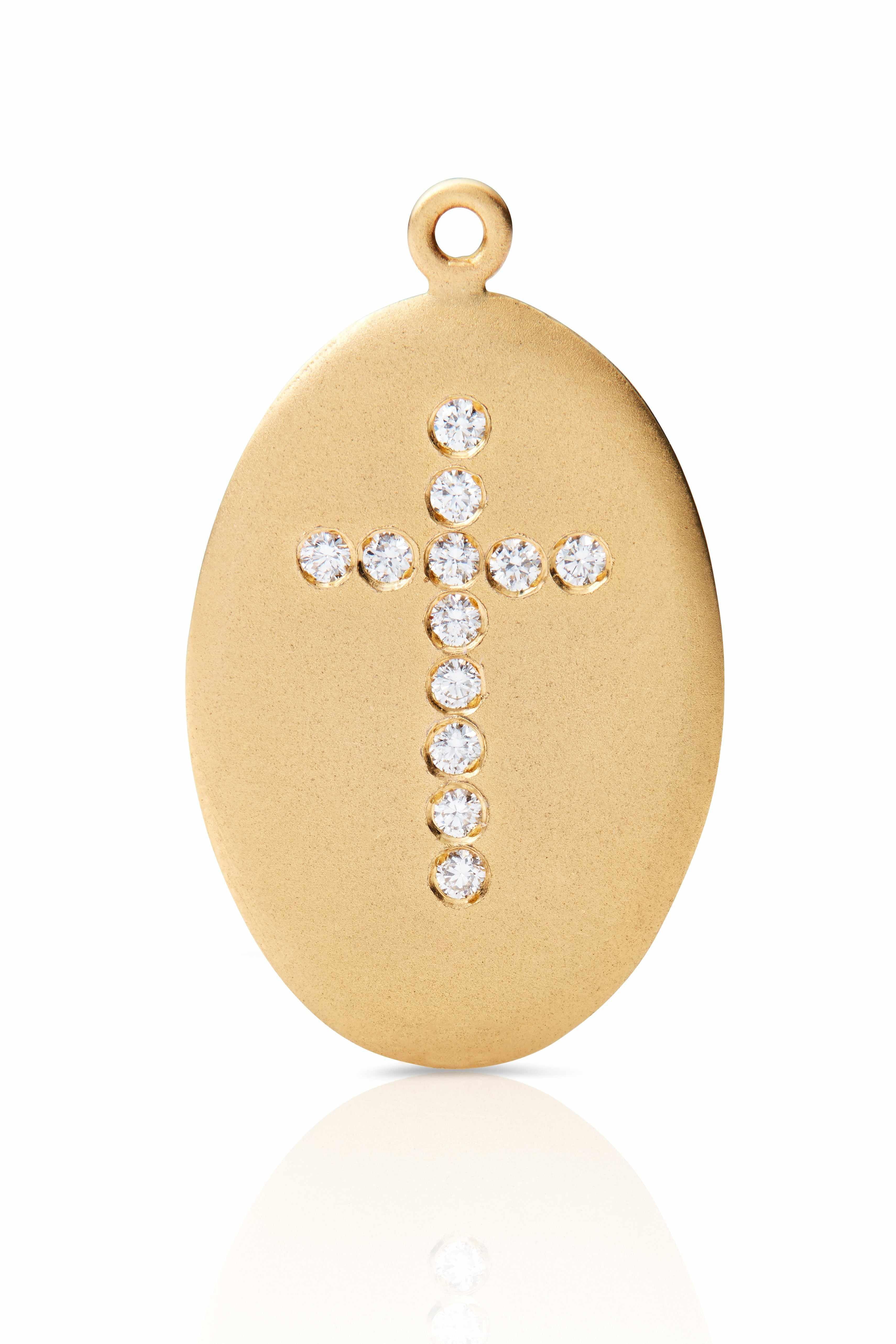 18KY Oval Disc with Round Diamond Cross