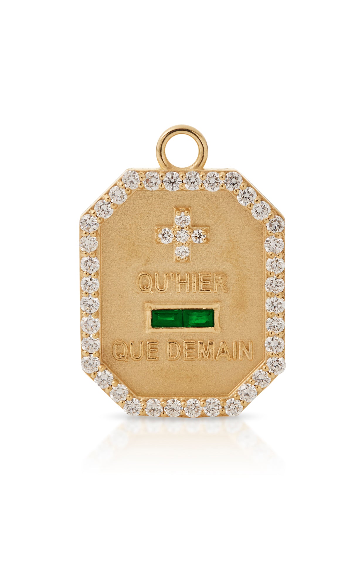 18KY Que Demain Love Token Dogtag with Emeralds and Diamonds