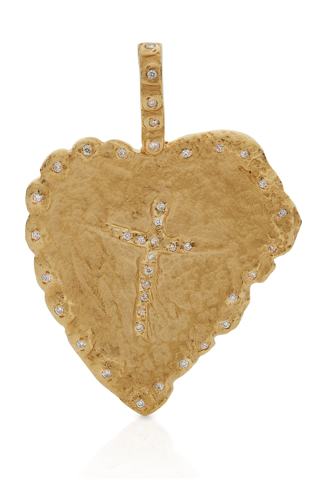 18KY Hammered Heart with Angel Cross with Pave Diamonds