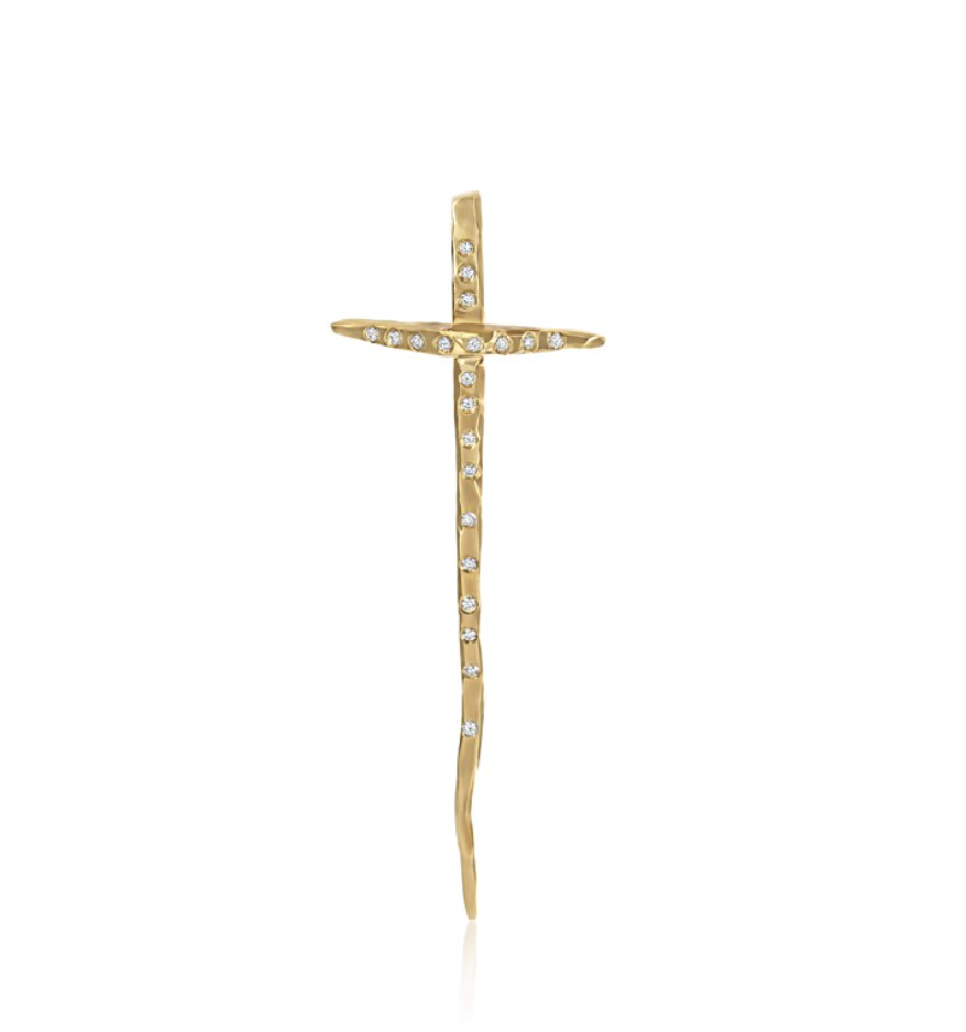 18KY Hammered Cross With Diamonds