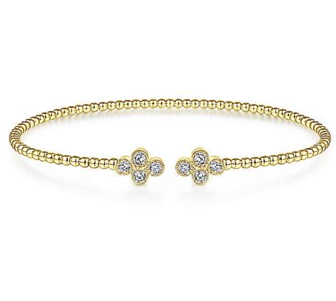 14KY Bujukan Bead Split Cuff Bracelet with Quatrefoil Diamond Endcaps-Bracelets-Gabriel & Co.-Susan Saffron Jewelry