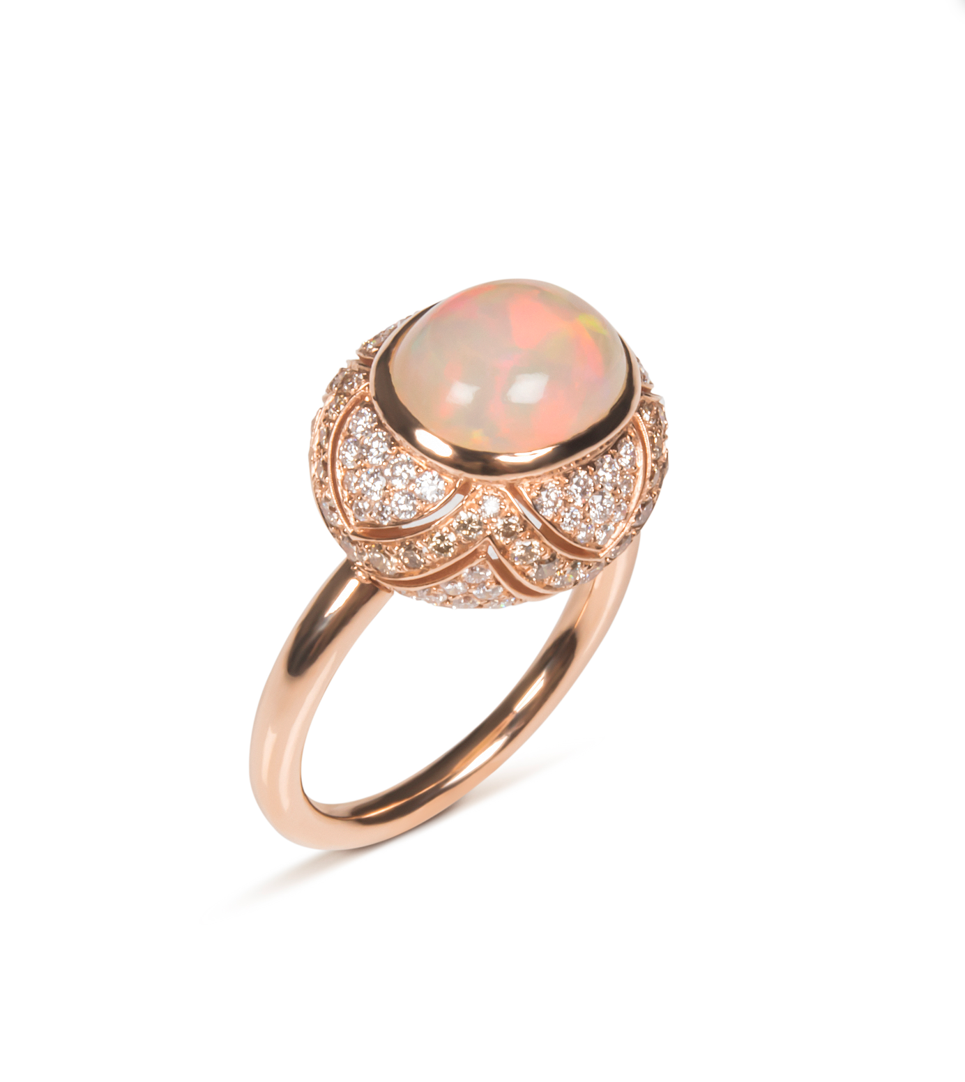 18KY White and Brown Diamonds With Ethiopian Opal Center Ring