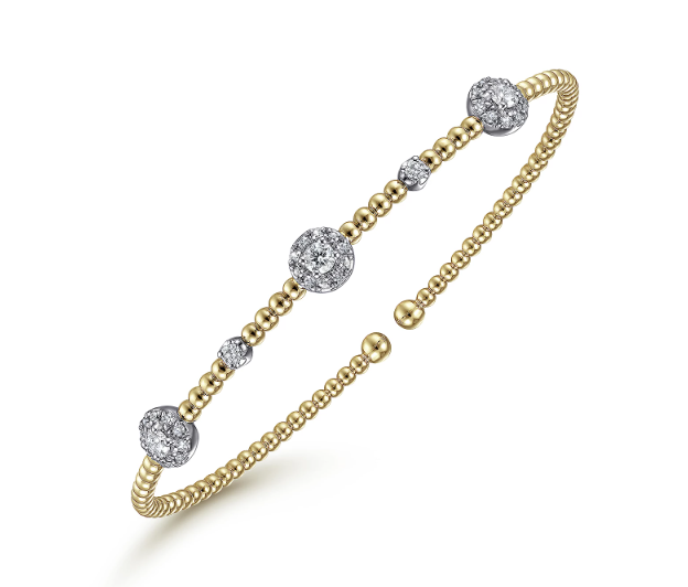 14K Mixed Gold Bujukan Bead Cuff with Diamond Cluster Stations