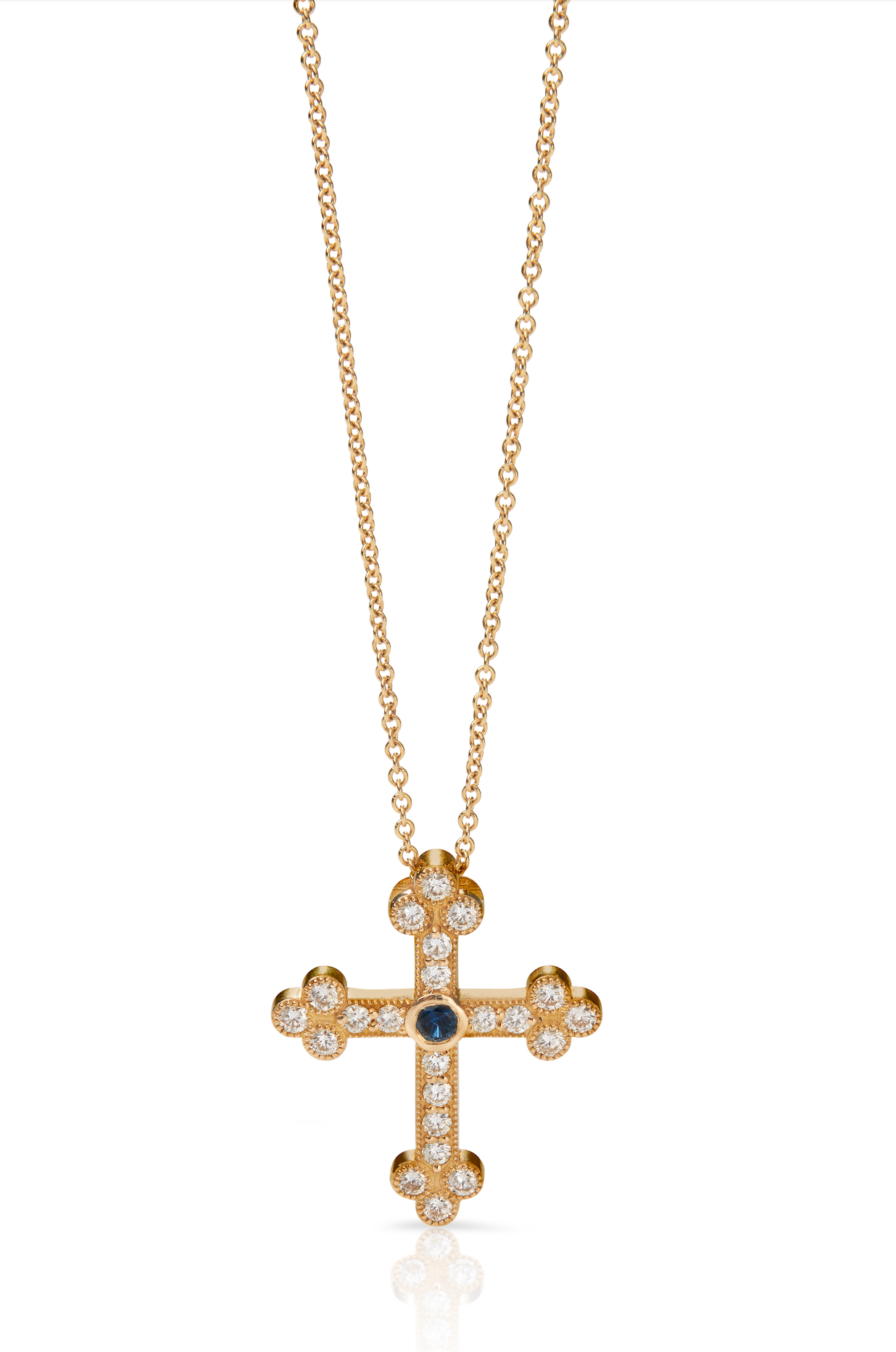 18KY Miriam Cross Necklace with Blue Sapphire Center - Trilogy