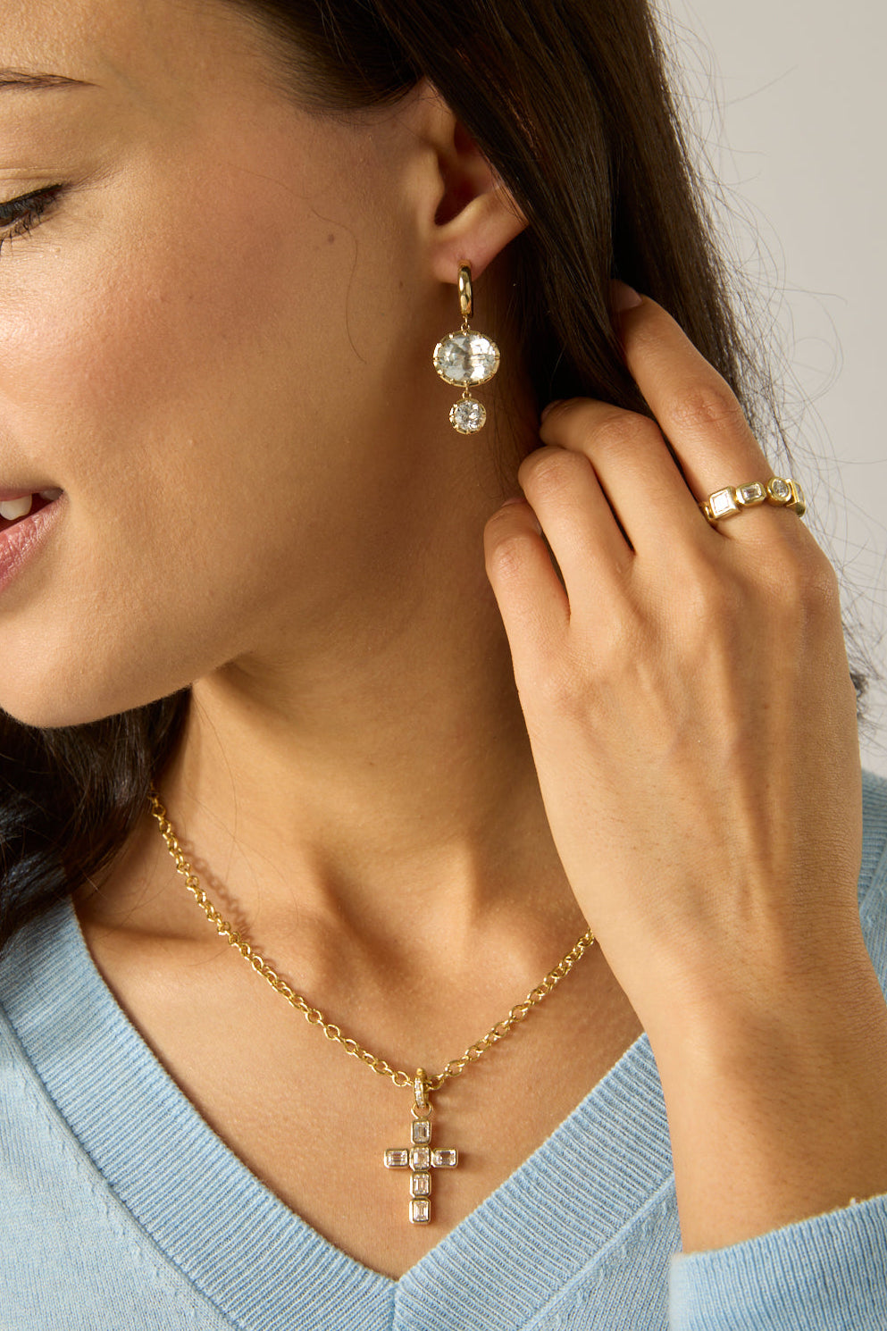 14KY 2 Drop White Topaz Earrings