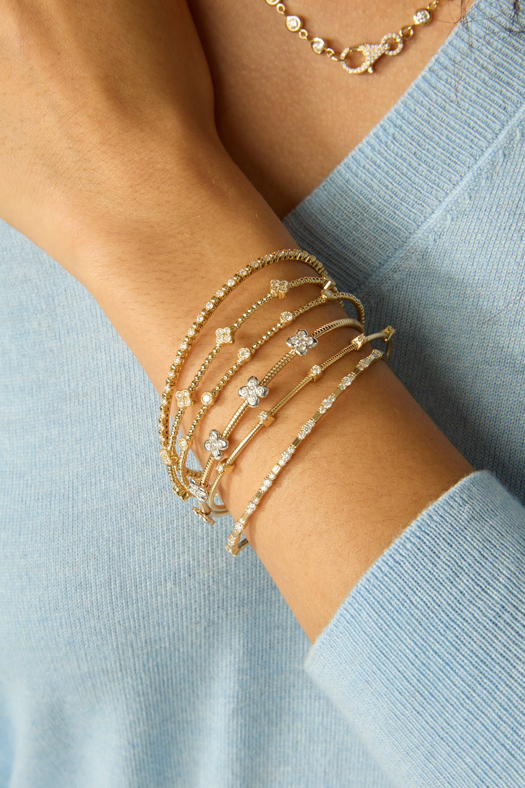 14KY Diamond Clover Beaded Flex Bracelet