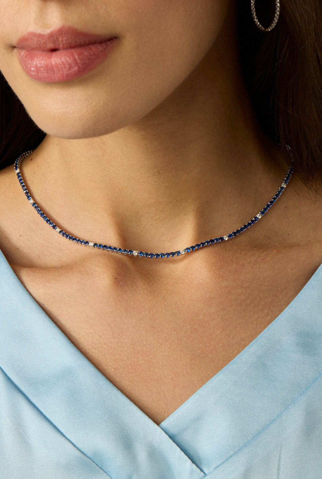 14KW Blue Sapphire and Diamond Tennis Necklace