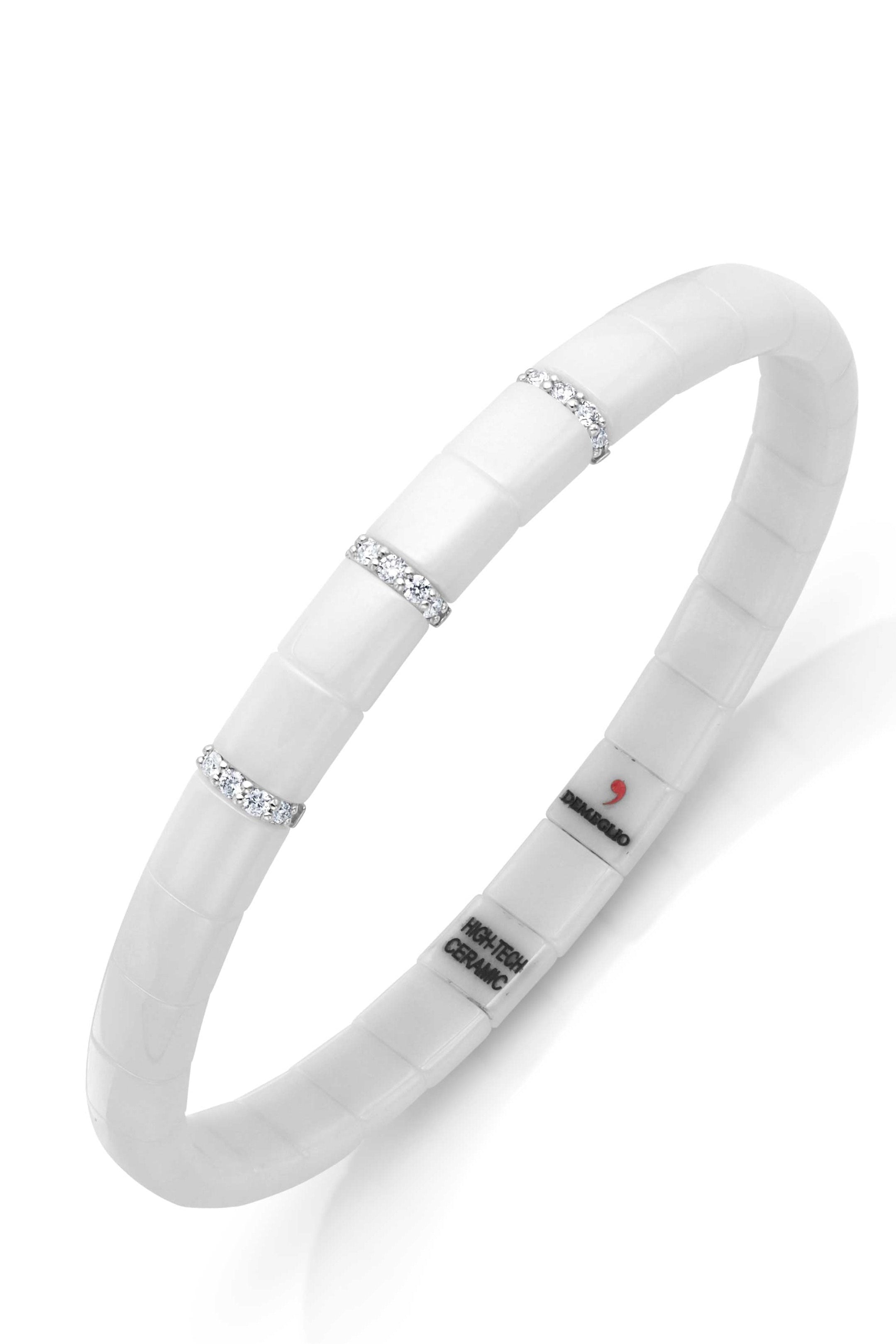 18KW White Ceramic 3 Diamond Bar Stretch Bracelet