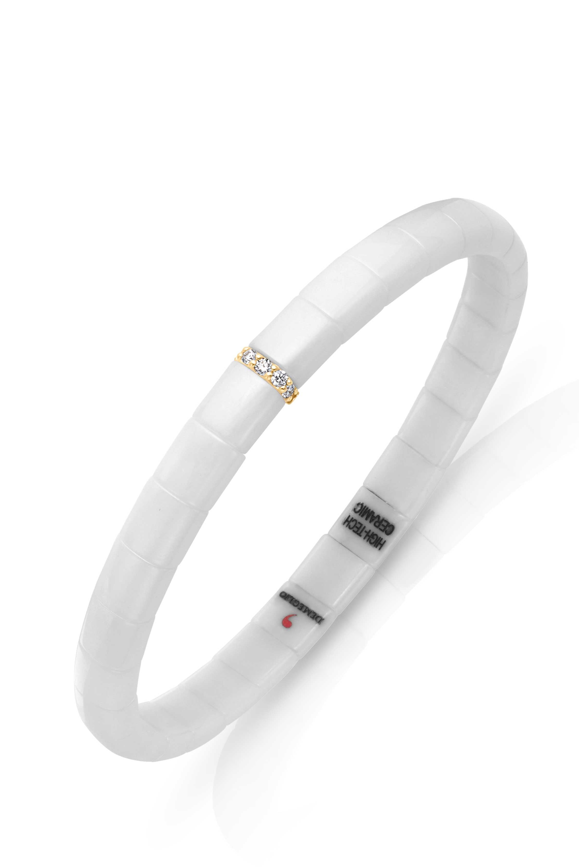 18KW White Ceramic Stretch Bracelet with 1 Diamond Bar