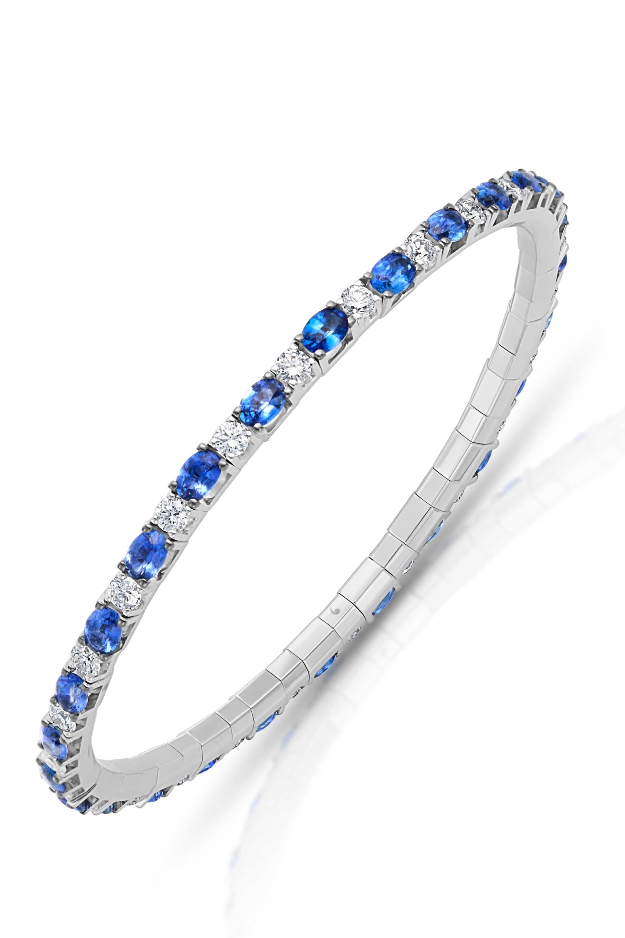 18KW Oval Blue Sapphire & Diamond Stretch Tennis Bracelet