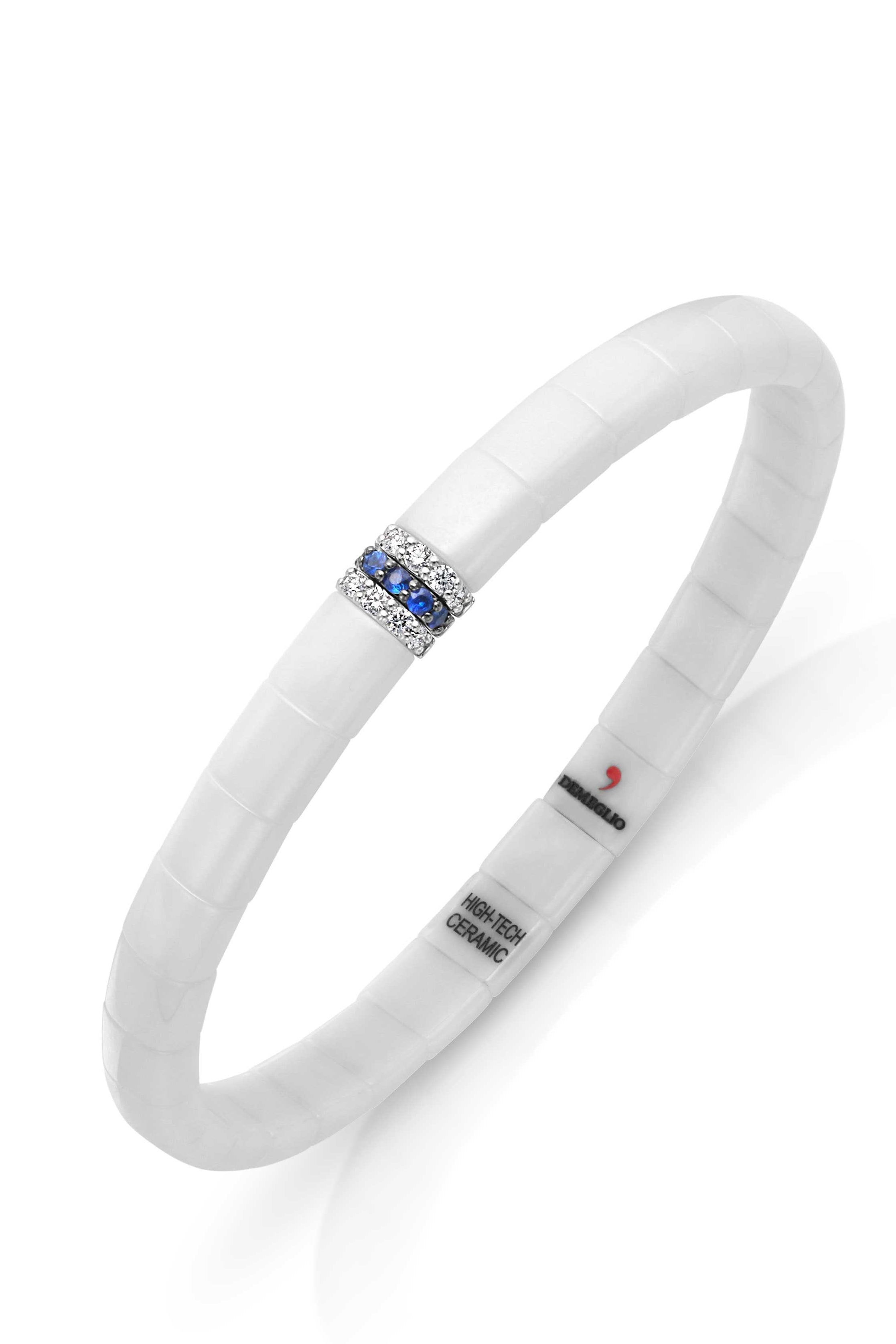 18KW White Ceramic Stretch Bracelet with Blue Sapphire and Diamond Bar