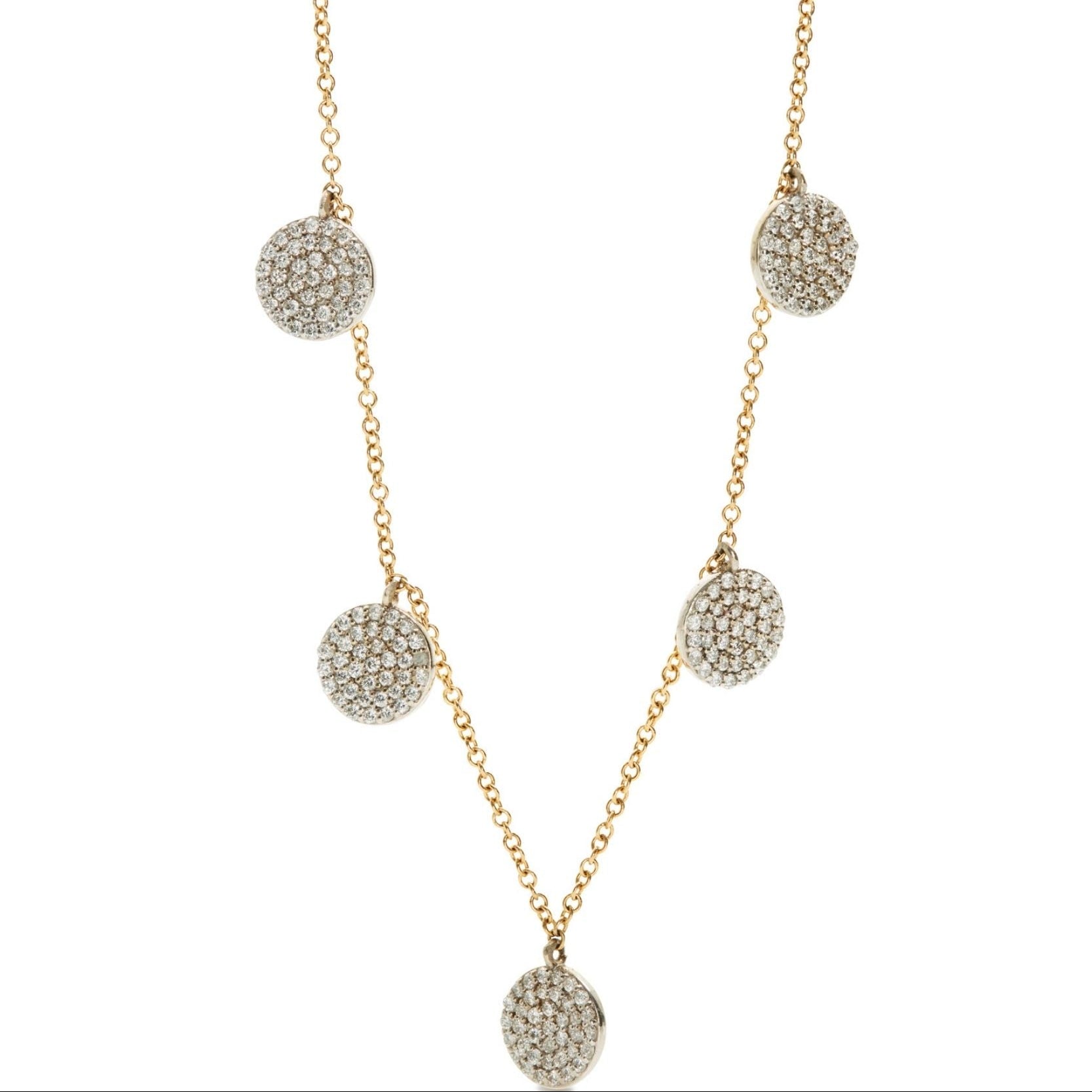 14K Two Tone Five Large Pave Disc Necklace