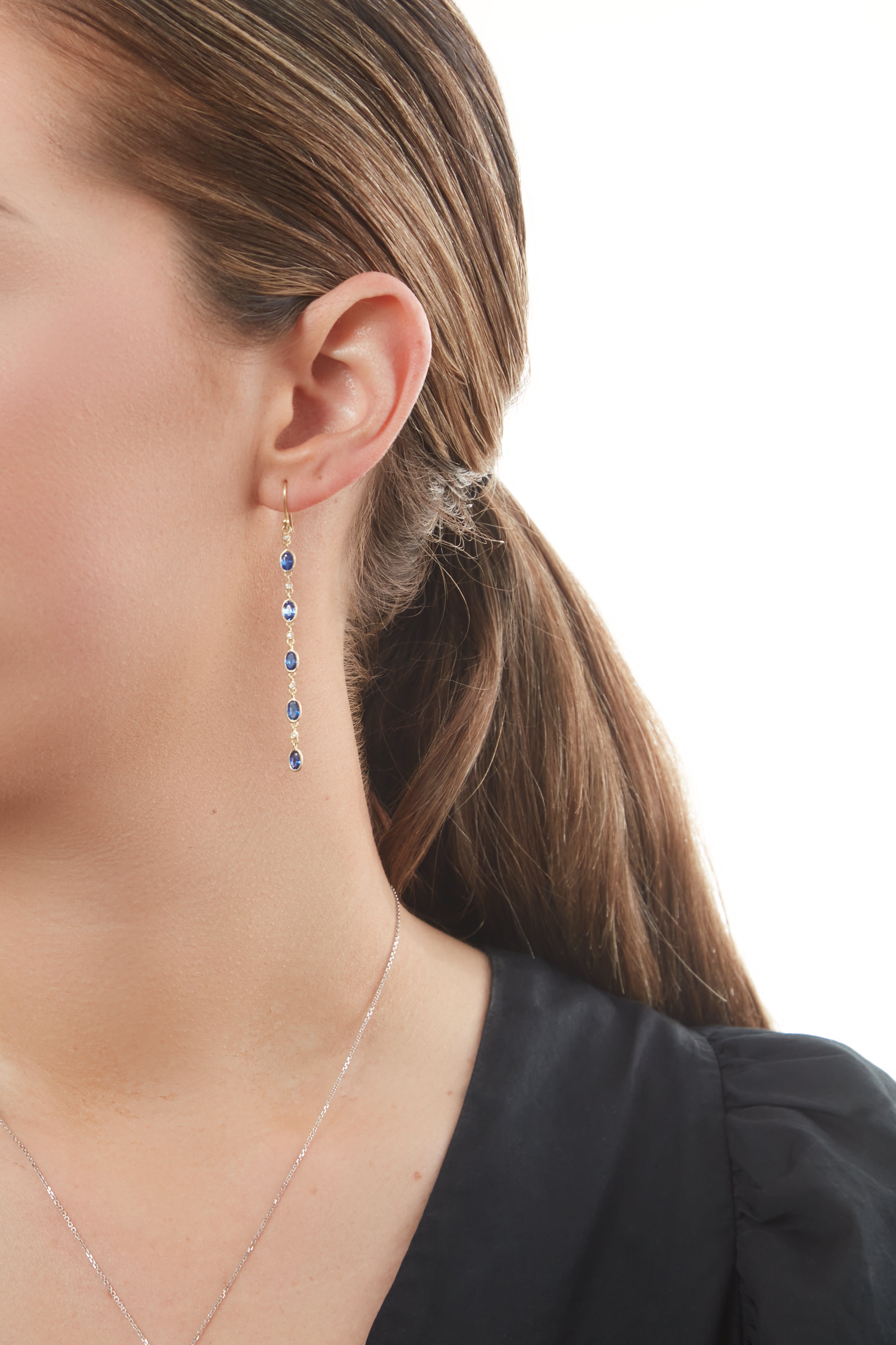 18KY Blue Sapphire 5 Drop Earrings