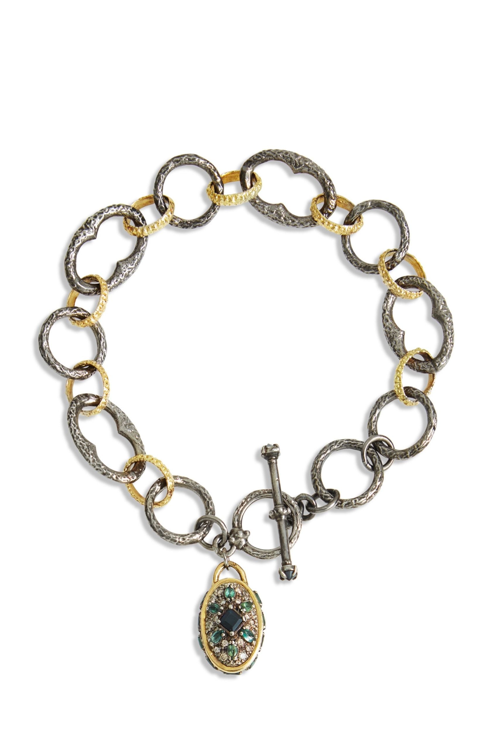 Gold Sterling Silver Textured Link Bracelet with Shield Charm