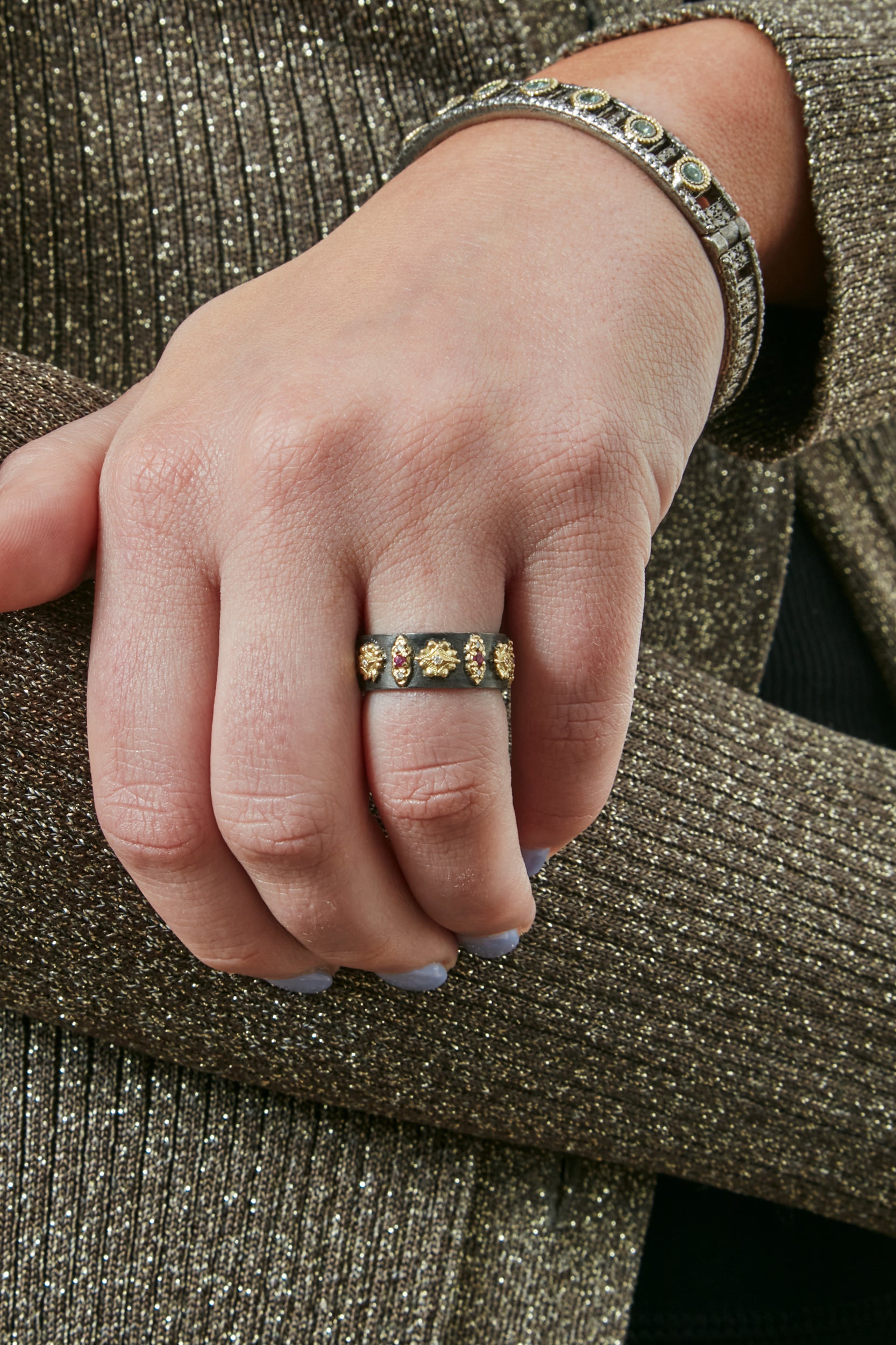 Stack Ring with Floral and Scroll with Rubies and Diamonds