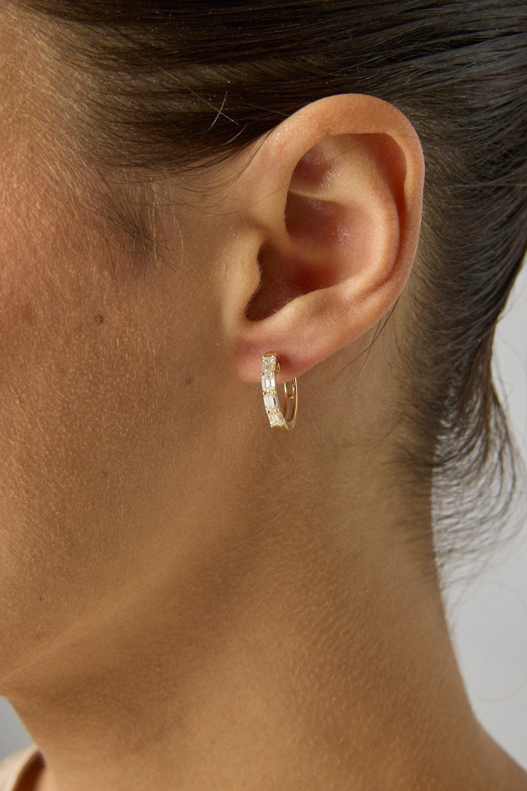 14KY Emerald Cut Diamond Huggies