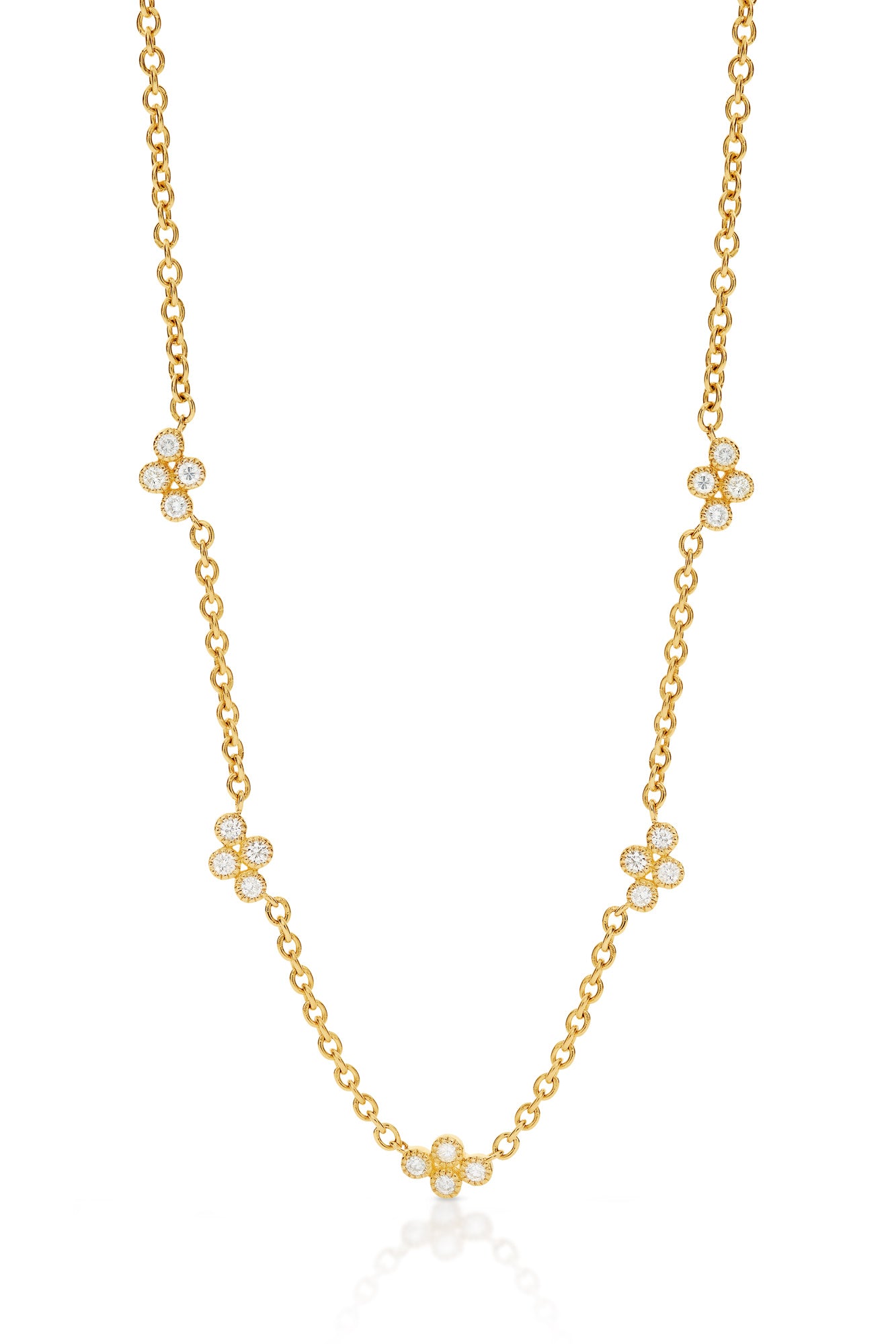 14KY Diamond By The Yard Clovers and Diamond Bezel Necklace