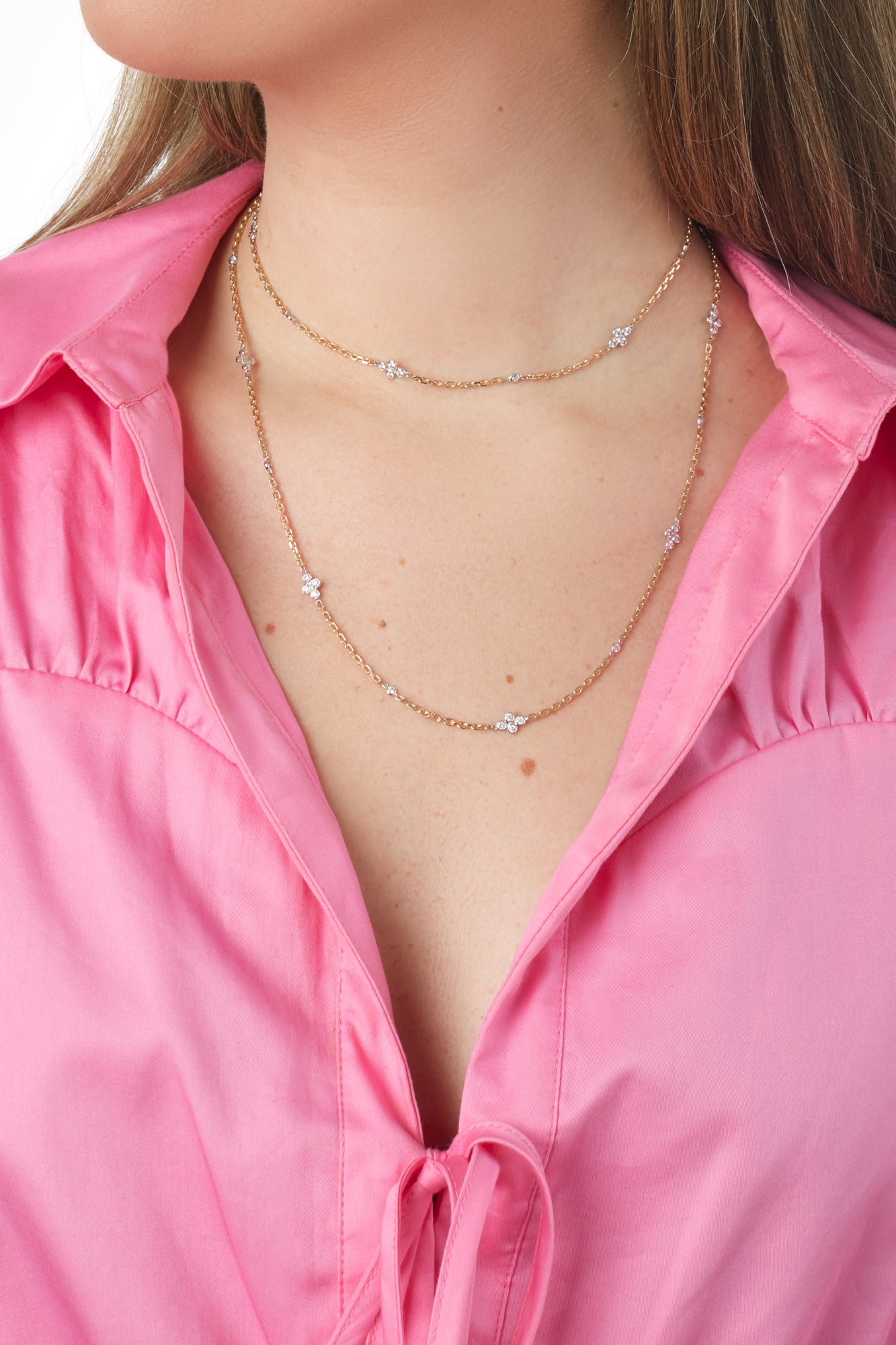 14KY Diamond By The Yard Clovers and Diamond Bezel Necklace