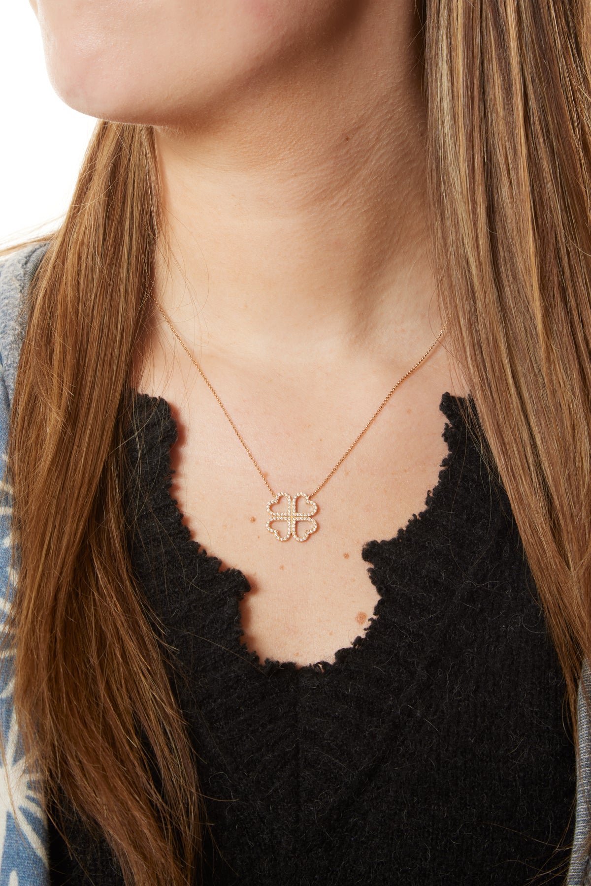 14KY Open Pave Heart Clover Necklace