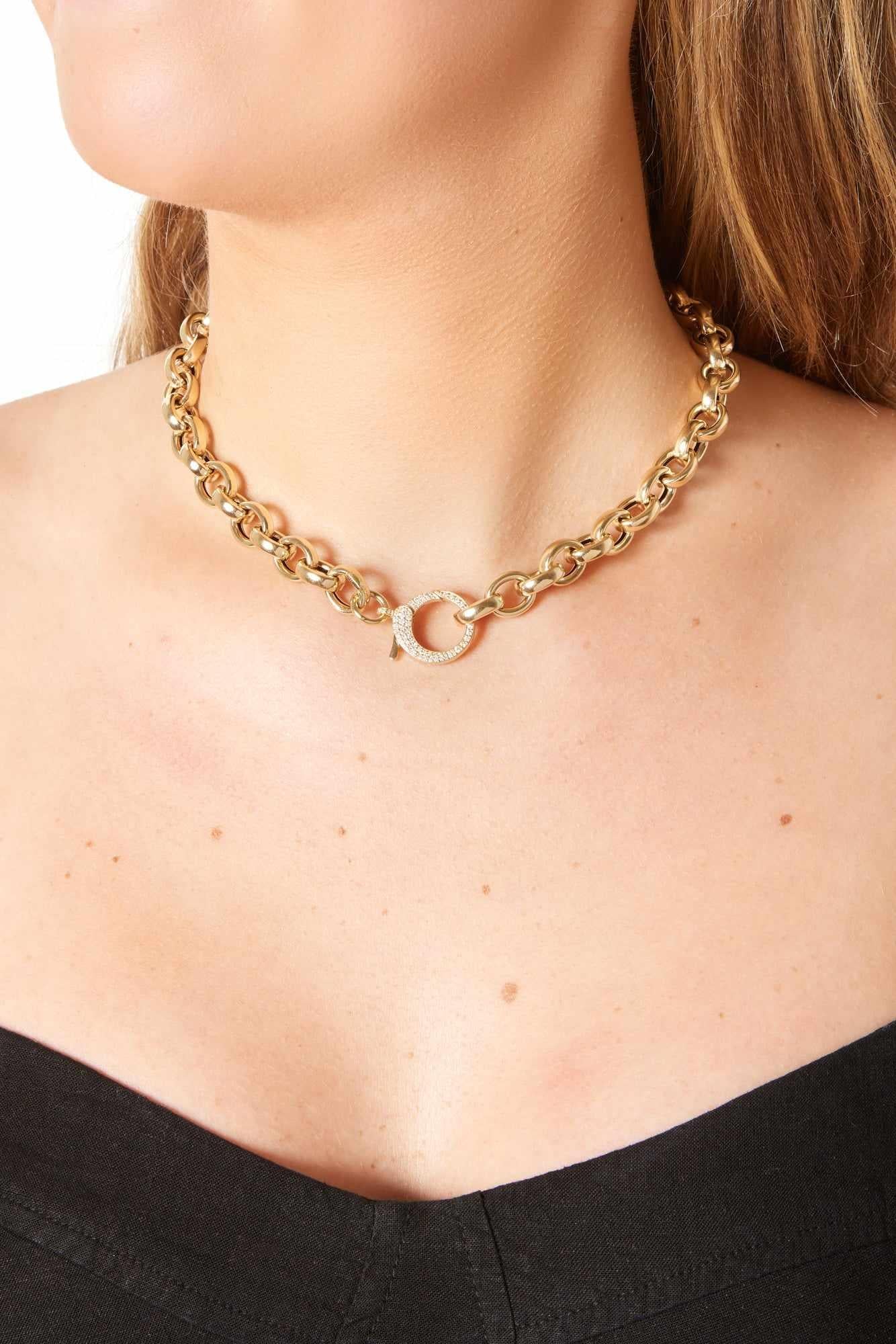 14KY Diamond Circle Clasp Heavy Cable Chain