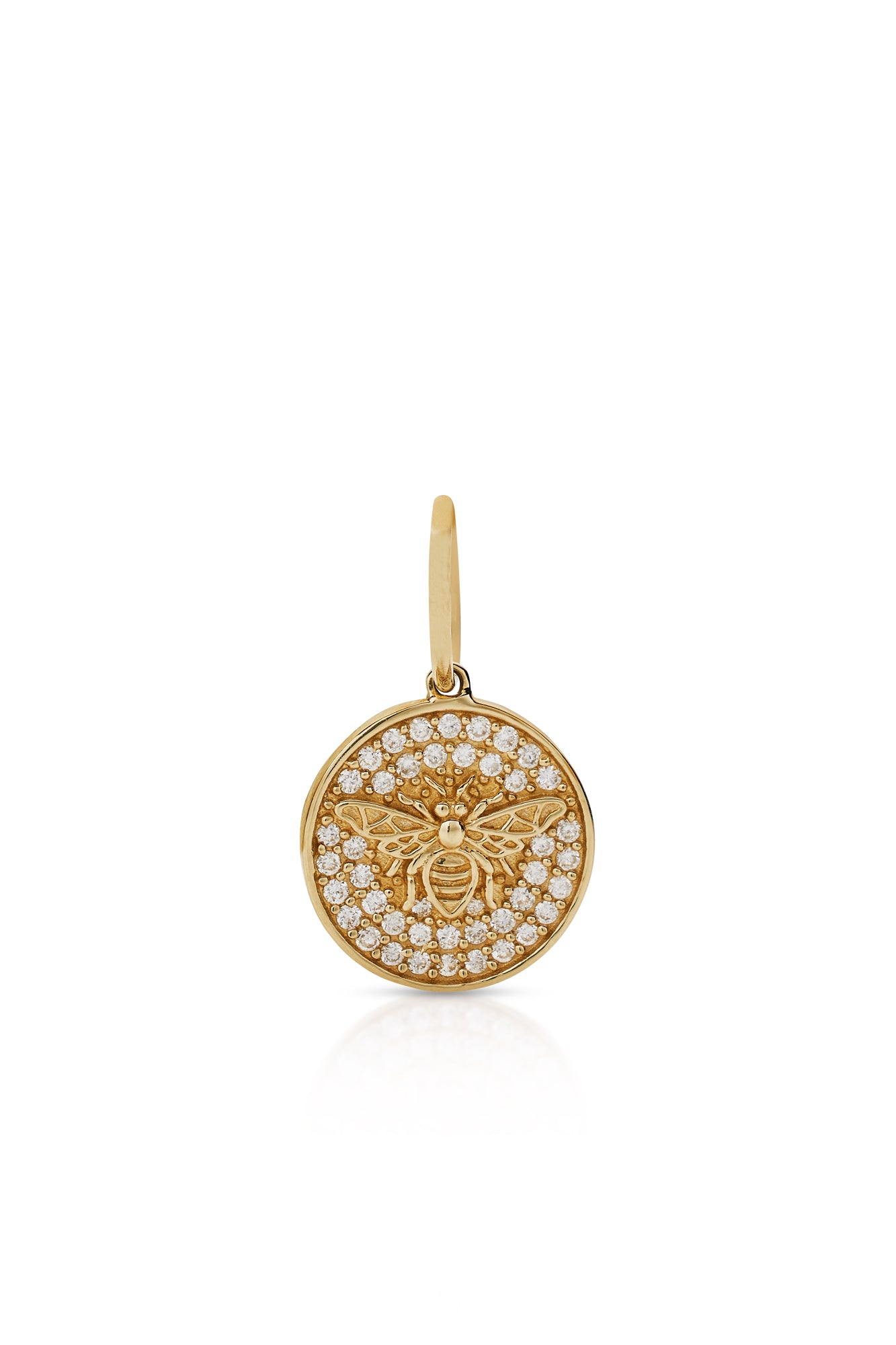 14KY Tiny Diamond Pave Circle With Gold Bee Charm