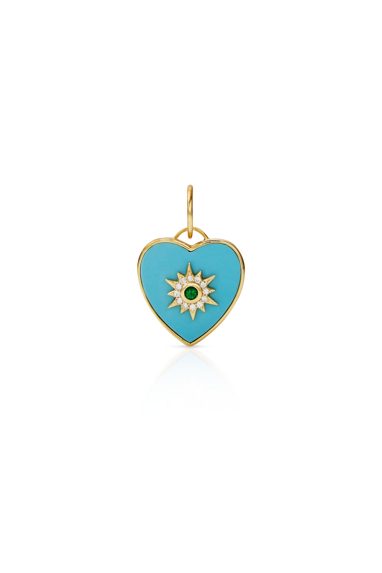 14KY Turquoise and Diamond Heart Charm With Emerald Center