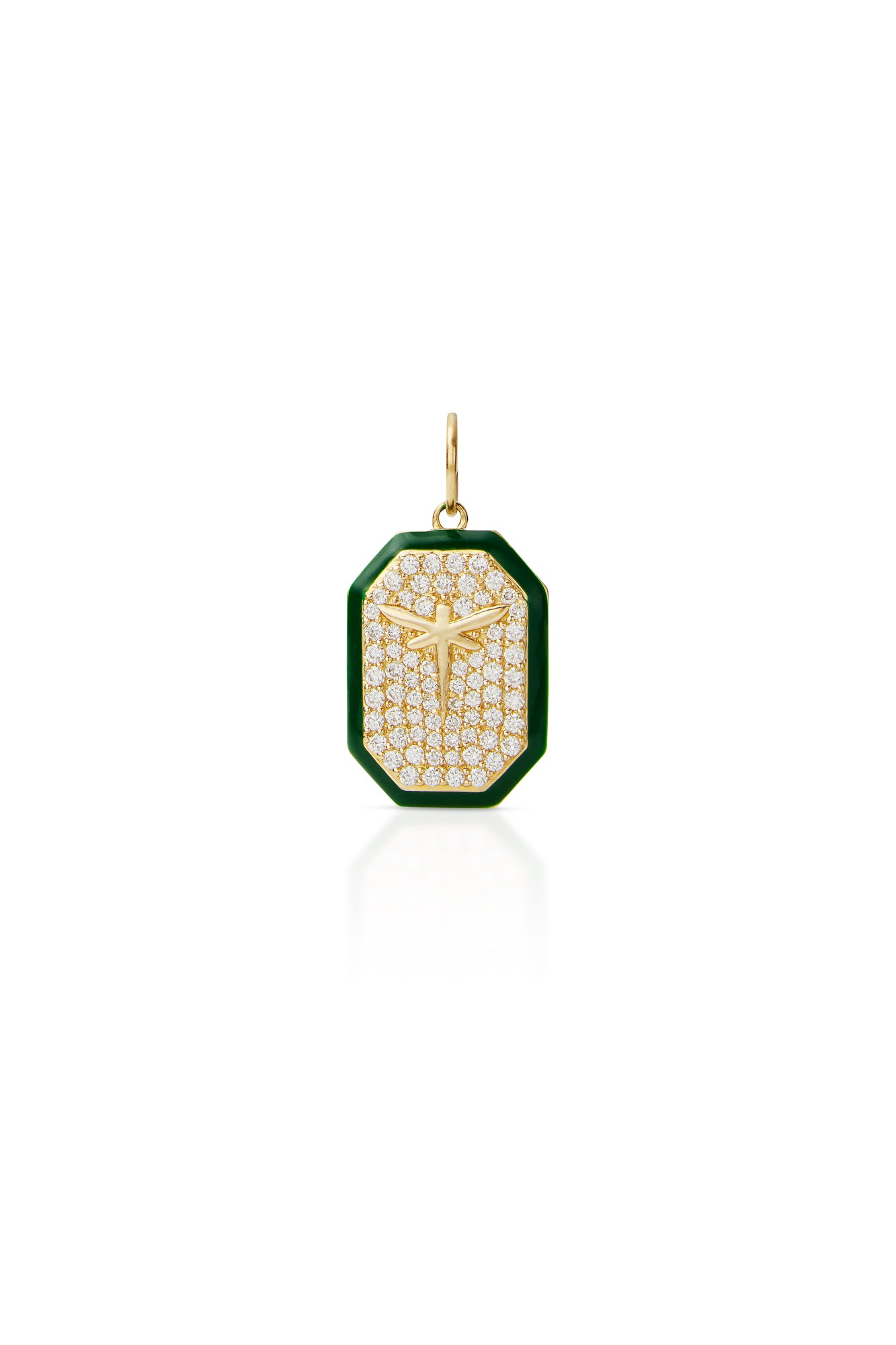14KY Pave Dog Tag With Dragonfly and Green Enamel