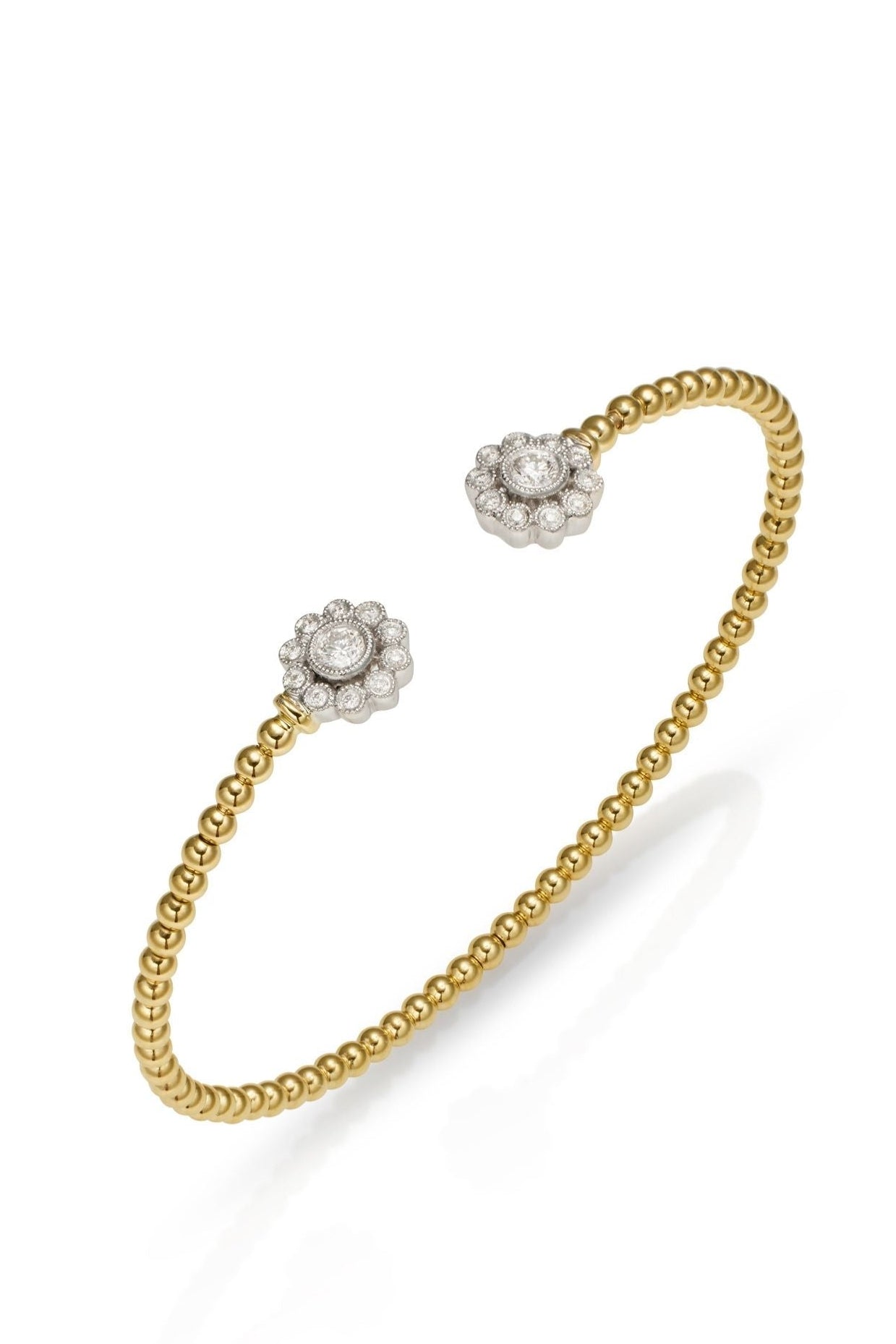 14K White-Yellow Gold Bujukan Split Cuff Bracelet with Diamond Flowers