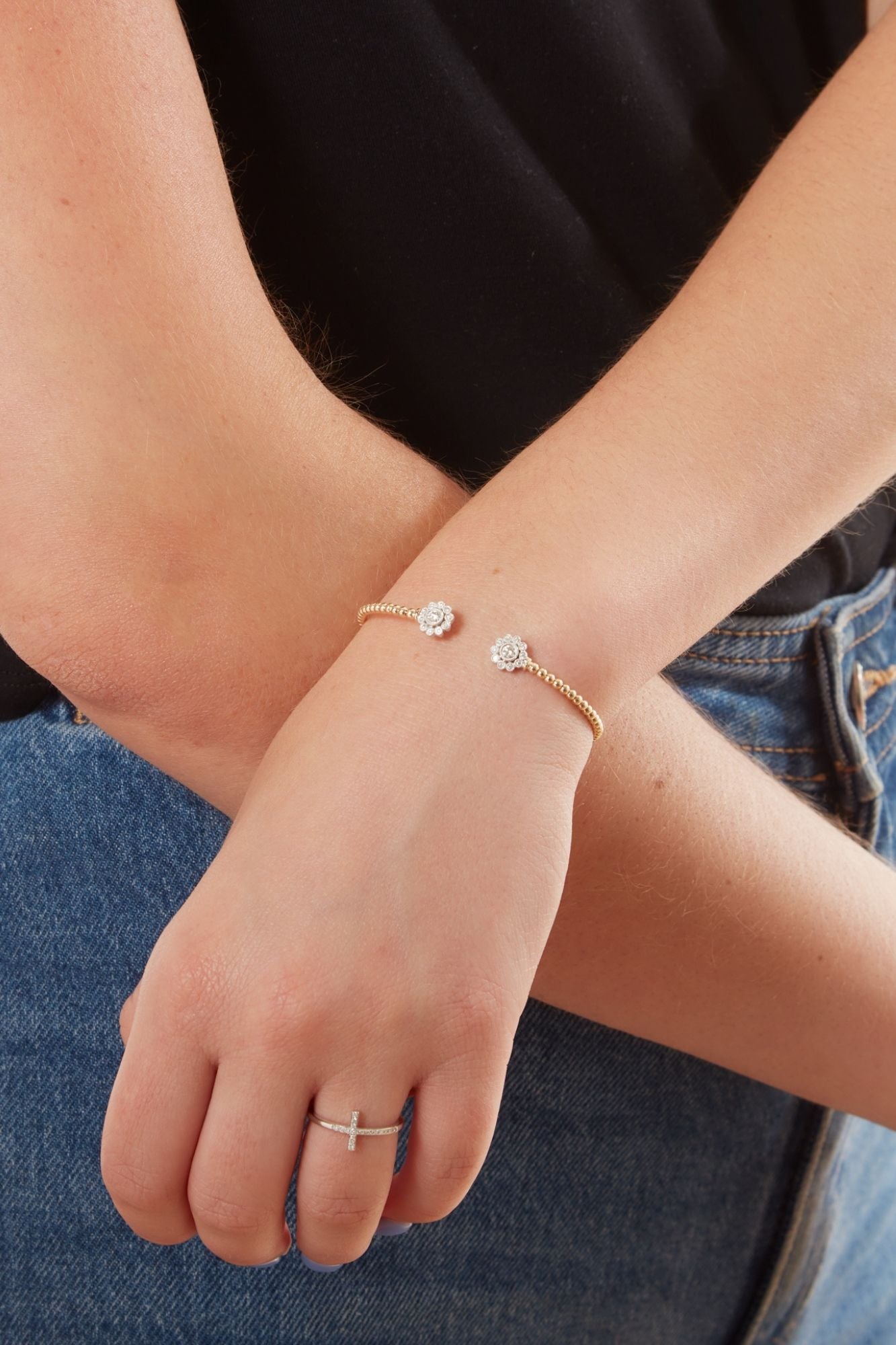 14K White-Yellow Gold Bujukan Split Cuff Bracelet with Diamond Flowers