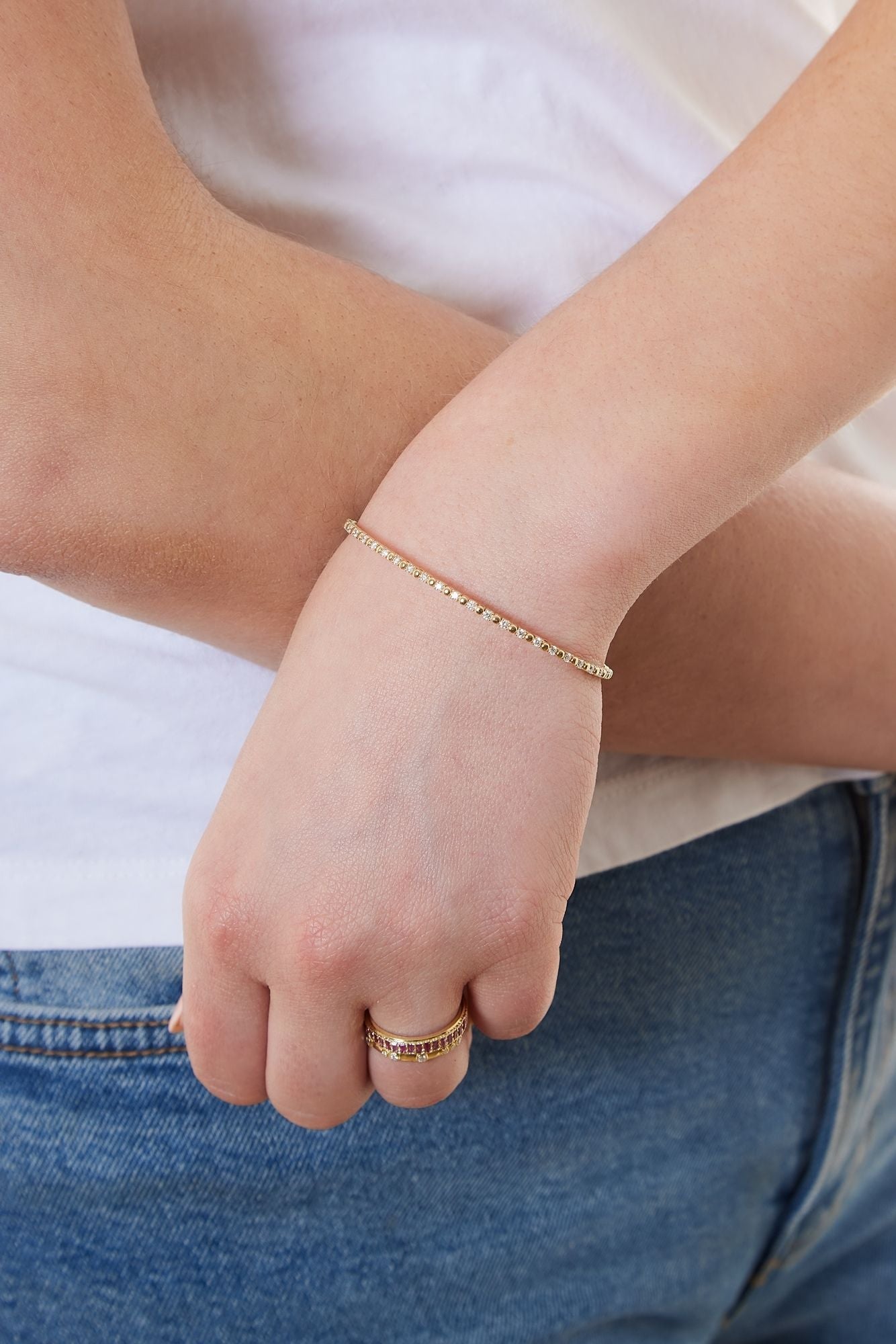 14KY Gold Ball and Diamond Flexible Bracelet