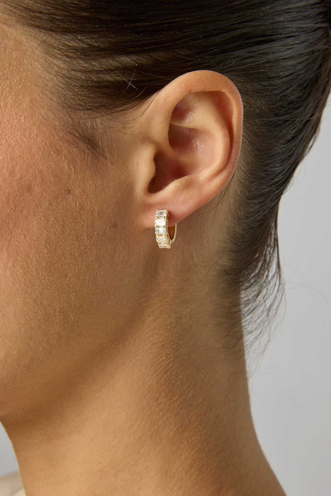 14KY Emerald Cut East/West Huggies