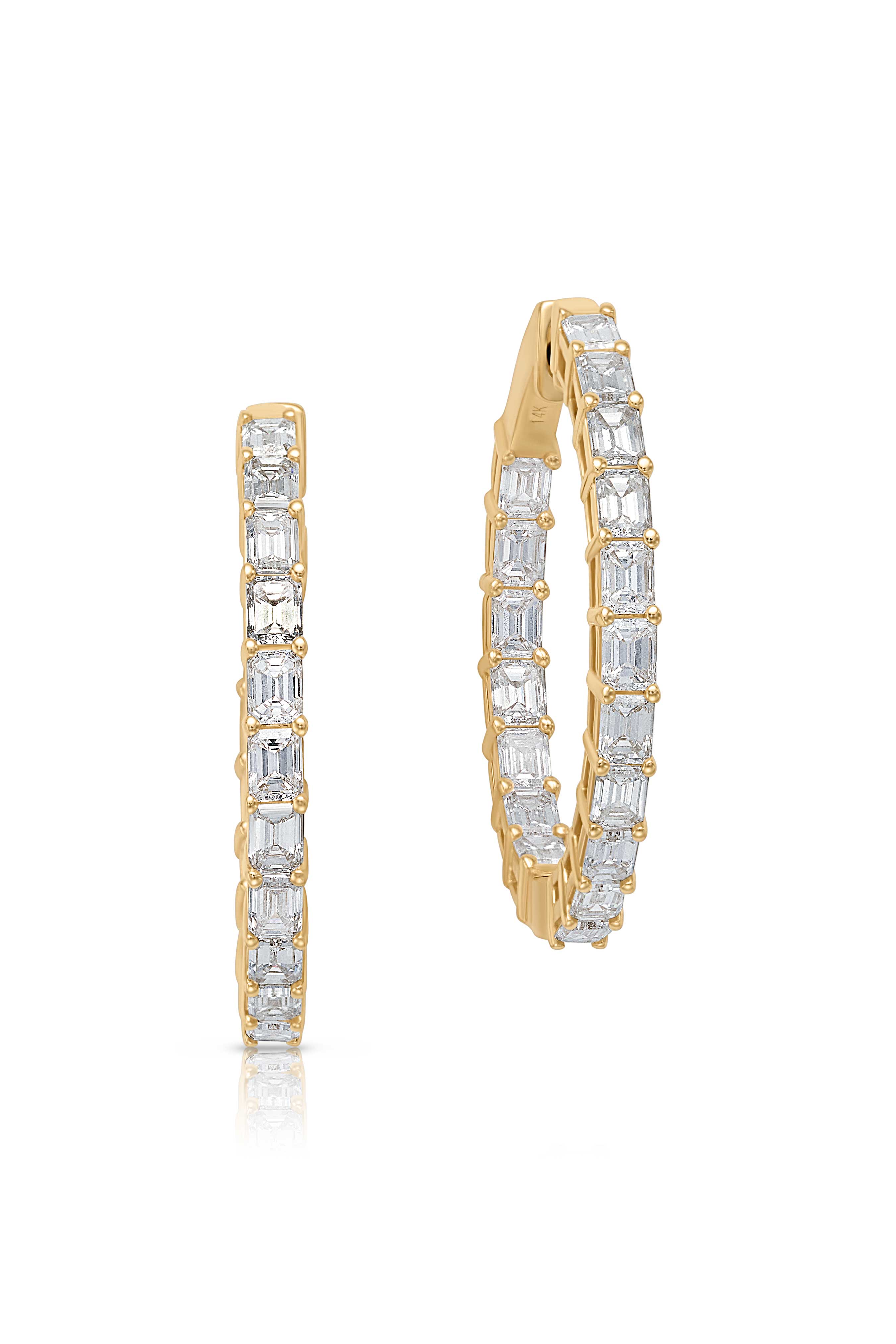 14KY Emerald Cut Diamond Hoops